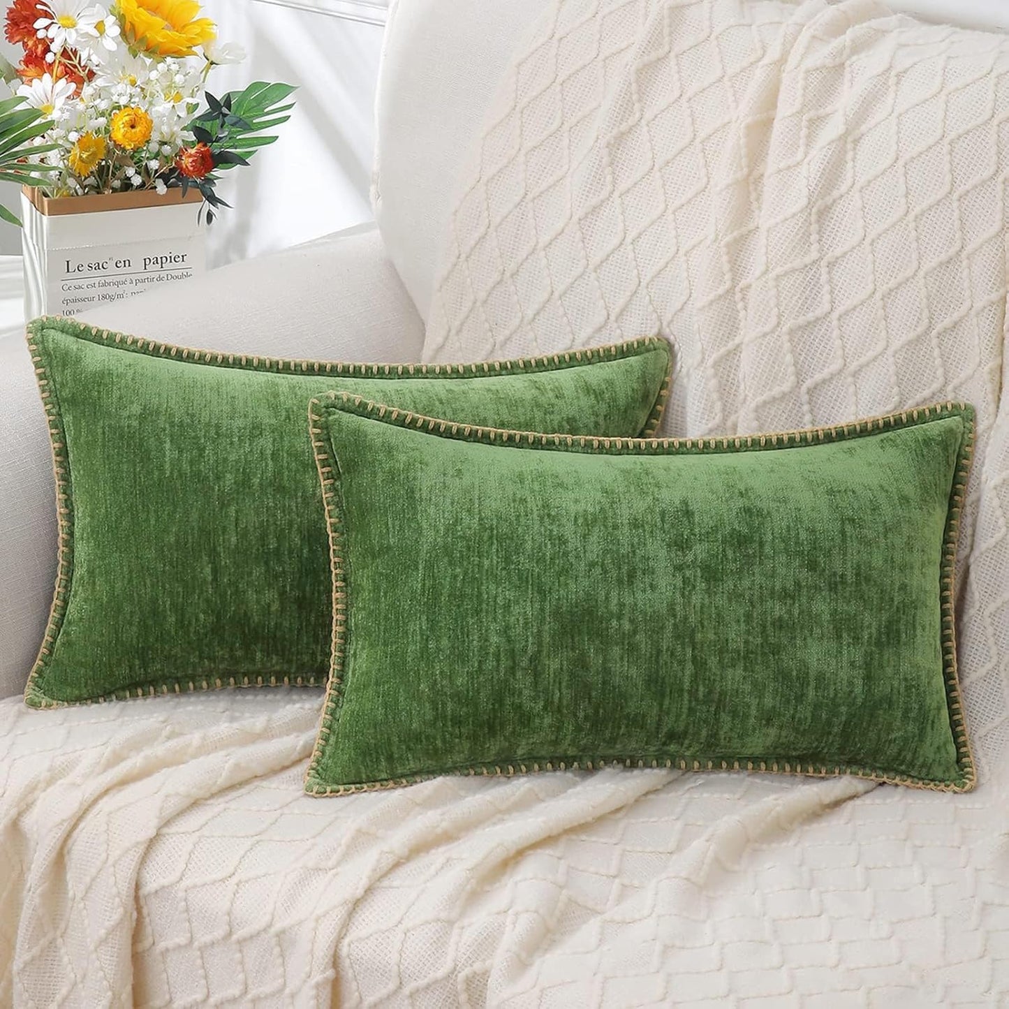decorUhome Fall Chenille Soft Throw Pillow Covers 12x20 Set of 2, Lumbar Velvet Farmhouse Neutral Decorative Euro Pillow Covers with Stitched Edge for Couch Sofa Bed Home Decor, Forest Elf