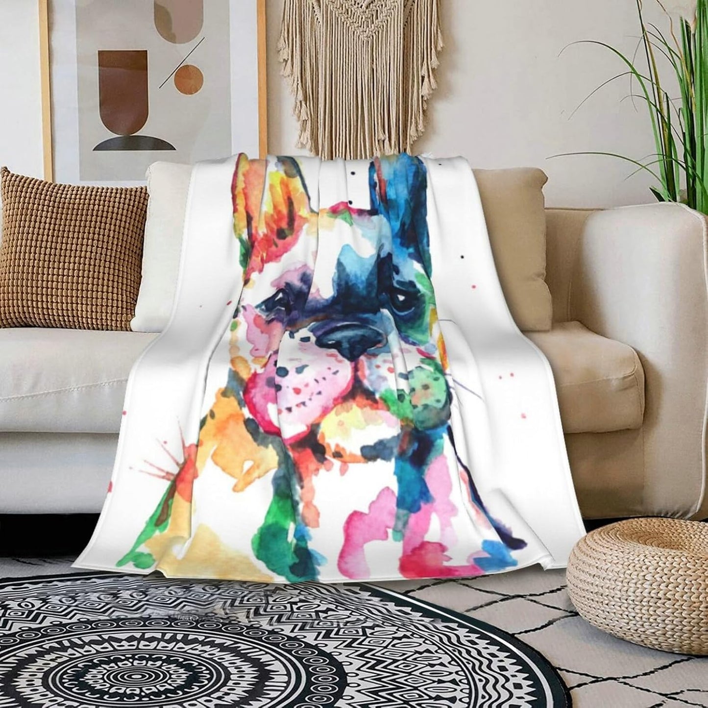 HGOD DESIGNS Watercolor French Bulldog Fleece Throw Blanket Ultra Soft Cozy Blooming Decorative Flannel Blanket All Season for Home Couch Bed Chair Travel 40x50in