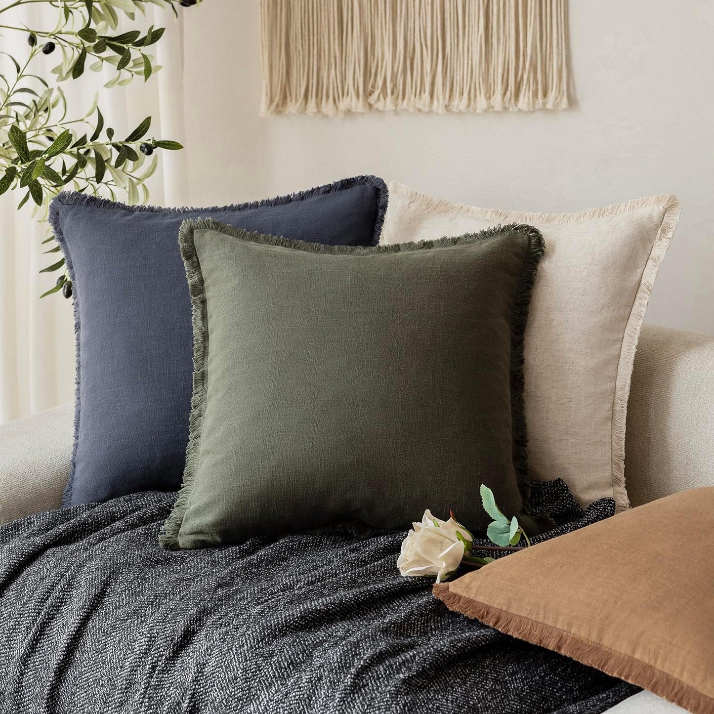 Foindtower Set of 2 Decorative Linen Fringe Throw Pillow Covers Cozy Farmhouse Cushion Cover with Tassels Accent Pillowcase for Couch Chair Sofa Bed Living Room Home Decor,18×18 Inch,Dark Olive Green