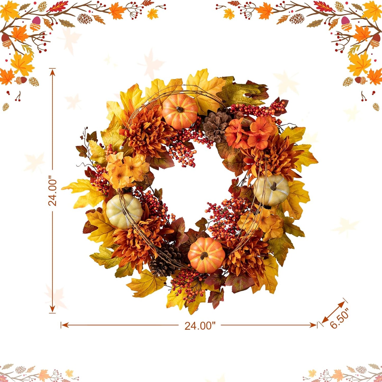 Glitzhome 24 inch Artificial Fall Wreath Decor, Autumn Maple Leaf Wreath for Front Door with Dahlia Pumpkin, Leaf and Berry Wreaths for Autumn Harvest Thanksgiving Halloween Decor