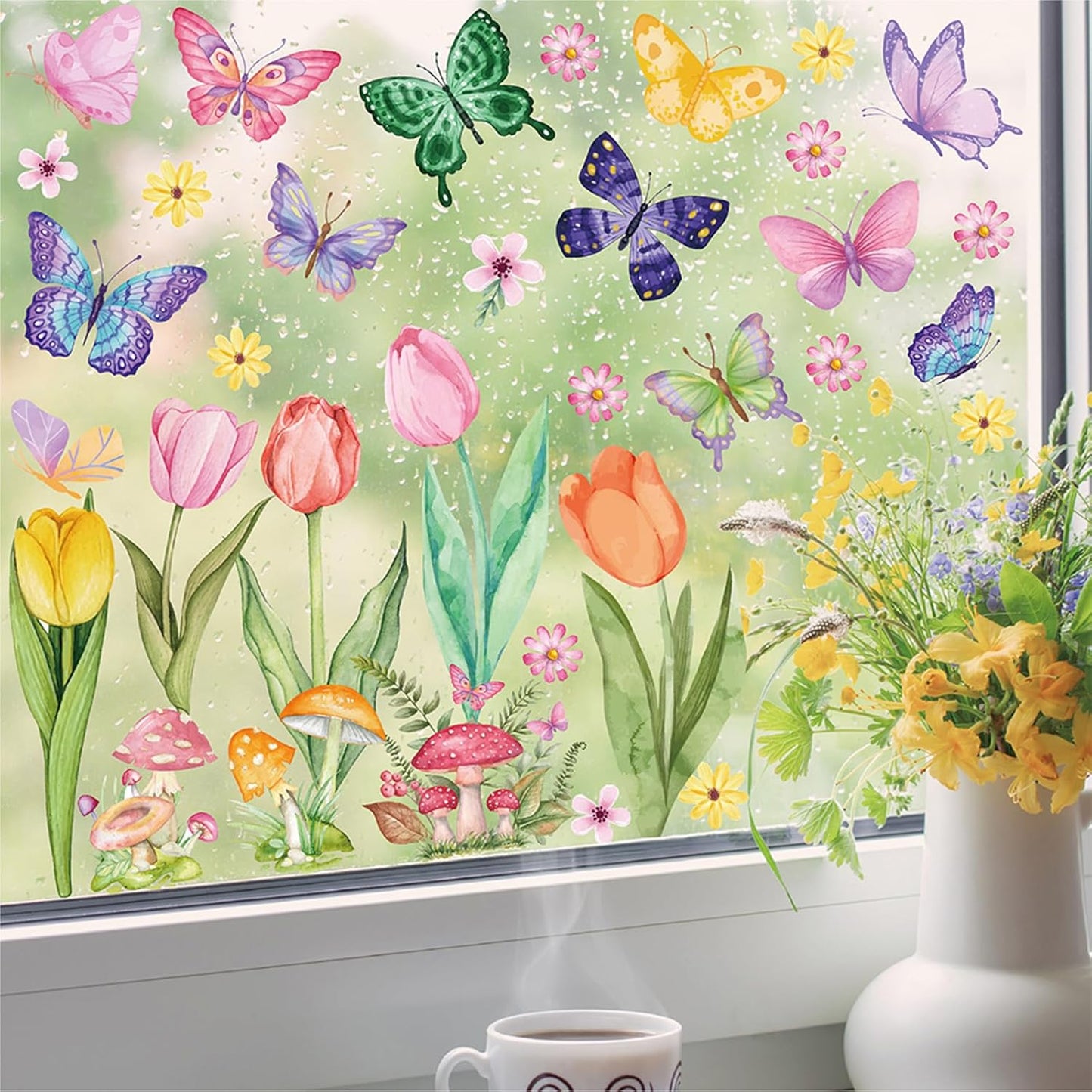 83 PCS Summer Window Clings Spring Flower Window Stickers Decorations for Glass Windows, Easter Tulip Butterfly Flower Window Decals