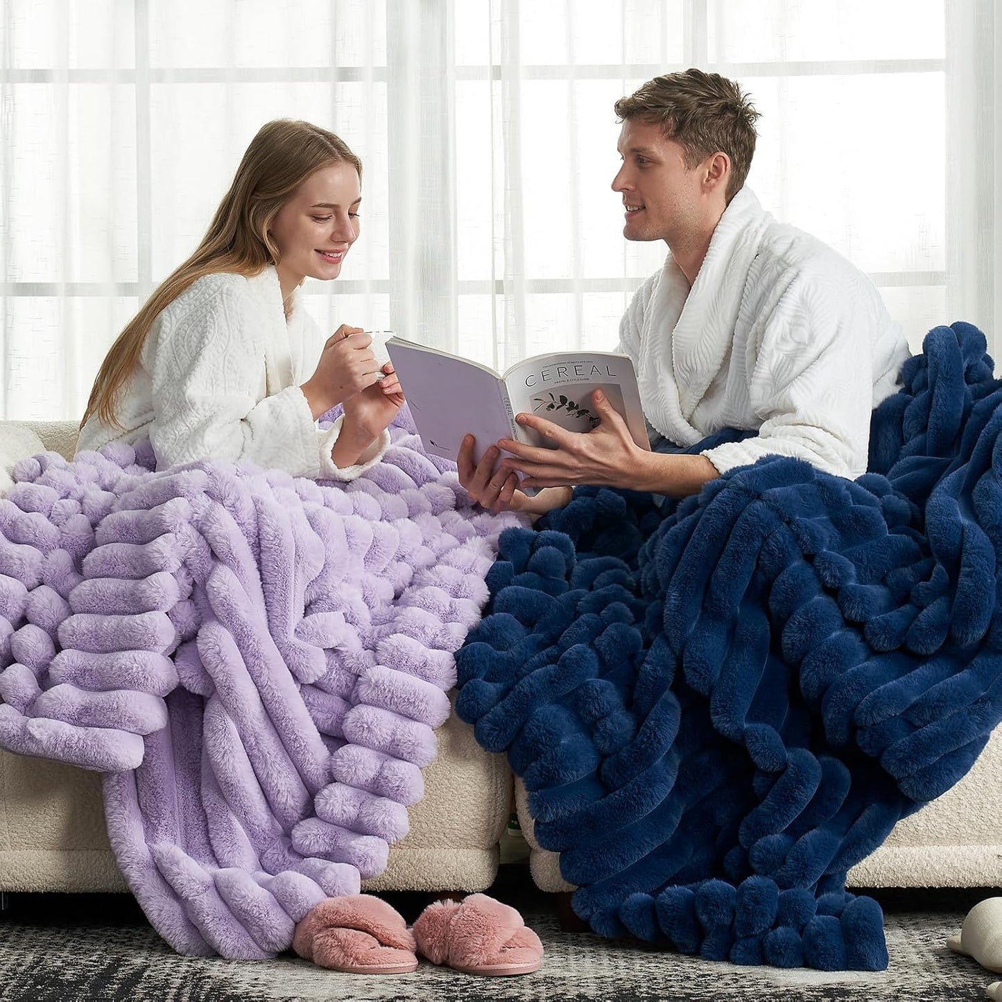 Cozy Bliss Faux Fur Throw Blanket for Couch, Cozy Warm Plush Striped Blanket for Sofa Bedroom Living Room,60 * 80 Inches Navy Blue