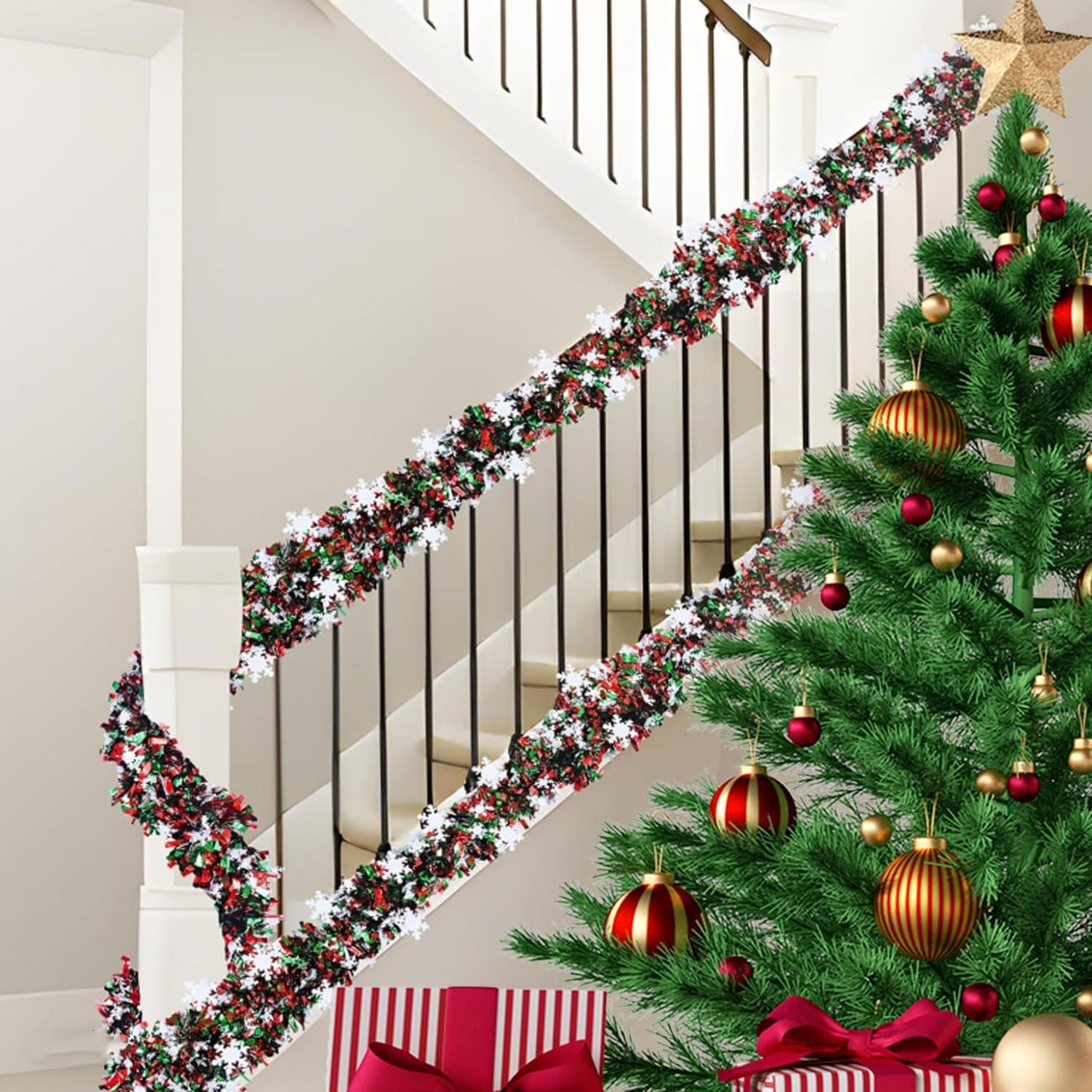 50 Feet Green Red Christmas Metallic Tinsel Twist Hanging Garland with Snowflake for Home Mantle Xmas Tree Staircase Railing New Year Holiday Party Indoor Outdoor Decorations