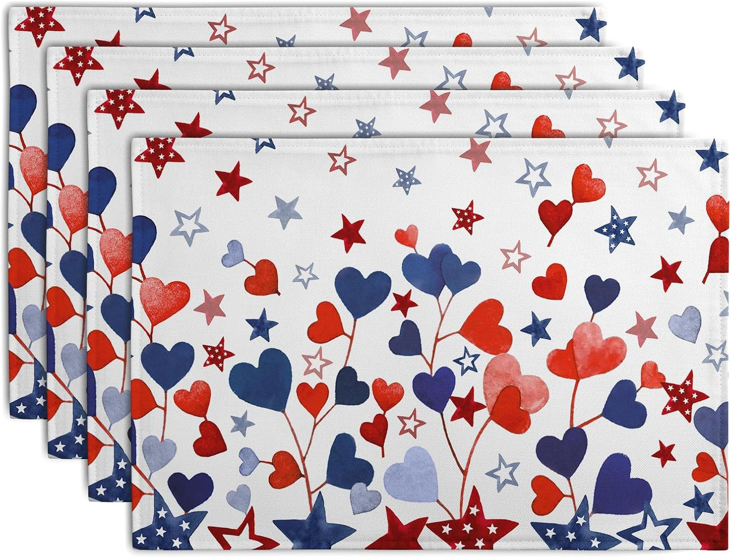 Red Blue Heart Stars 4th of July Placemats Set of 4 Patriotic America Independence Memorial Day Linen Table Mats 12x18 Inch Washable Place Mats for Party Kitchen Dining Outdoor Indoor Decor
