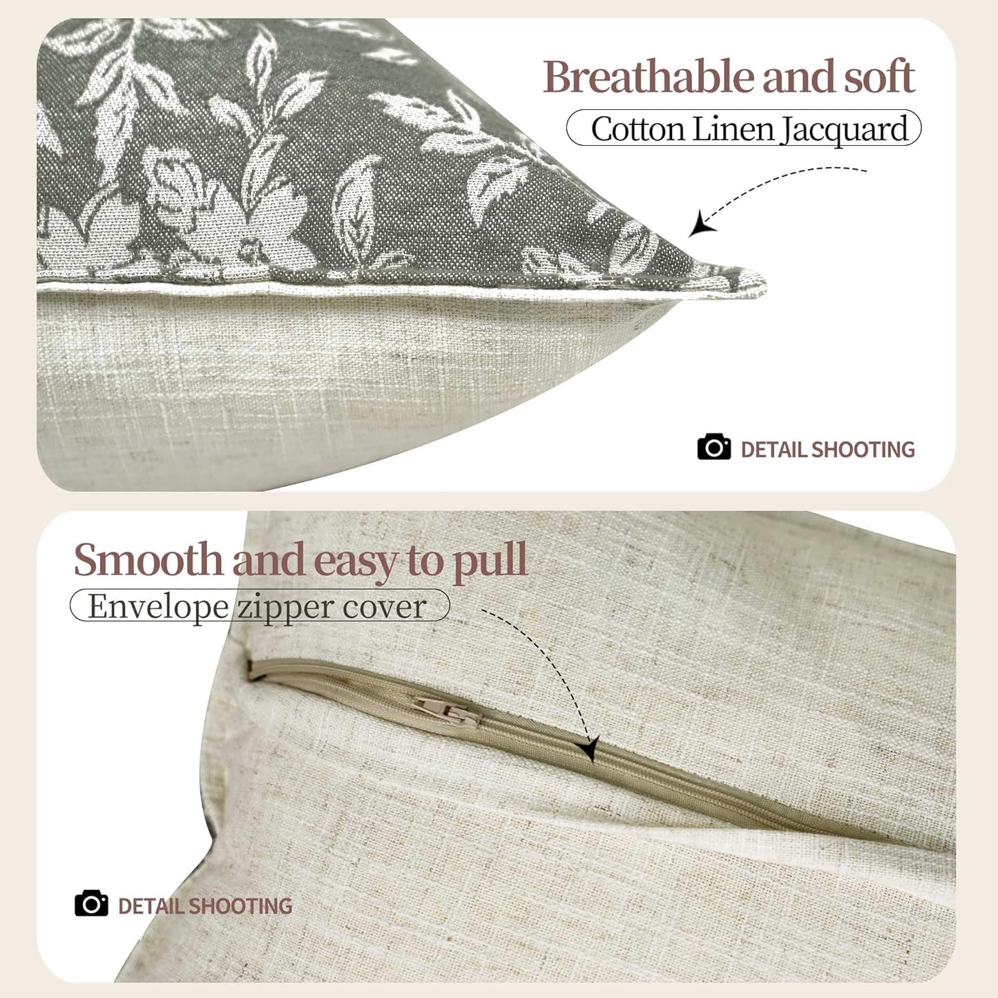 Gray Floral Pillow Covers 18x18 Pack of 2 Pillow Cover Jacquard Couch Pillows Vintage Flower Pattern Decorative Throw Pillowcases for Living Room