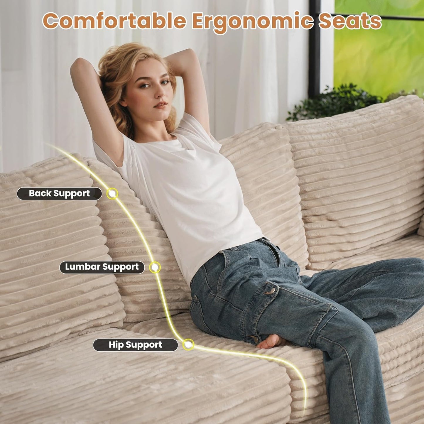 ovios Sectional Sofa Couch with L-Shape Chaise Ottoman, Comfy Modular Cloud Couches with Deep Seat, Modern Upholstered Plush Corduroy Sofas Set for Living Room, 5-Seater, Beige