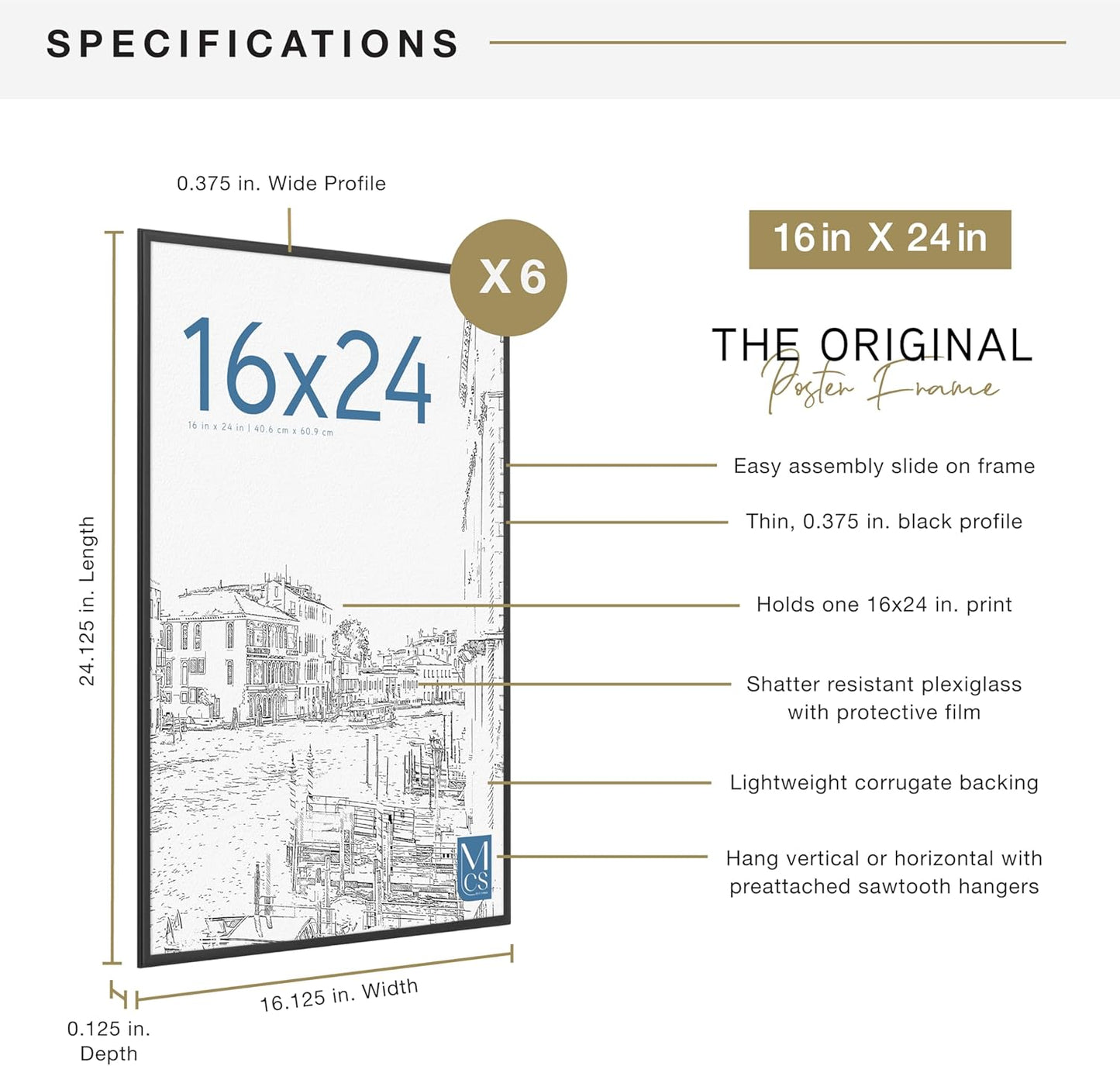 MCS Original Poster Frame 16x24 Black Lightweight Vertical & Horizontal Wall Hanging Large Picture Frame for Posters, Art Prints & Gallery Wall (6-Pack)