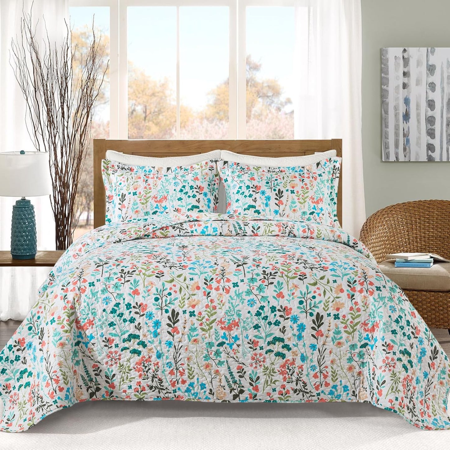 VAPUTAR King Size Quilt-3 Pieces Botanical Bedspread King Size (98 x 106 inch), Lightweight Coverlet Set with Garden Style Floral Pattern,Oversized Quilted Bedding Set with Shams for All Season