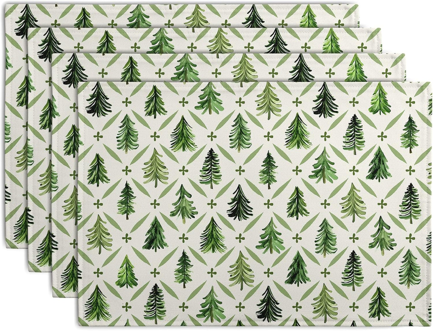 Sage Green Pine Tree Christmas Placemats Set of 4 Xmas Farmhouse Rustic Style Print Place Mat Seasonal Winter Holiday Linen Table Mats for Indoor Outdoor Kitchen Dining Party Decor