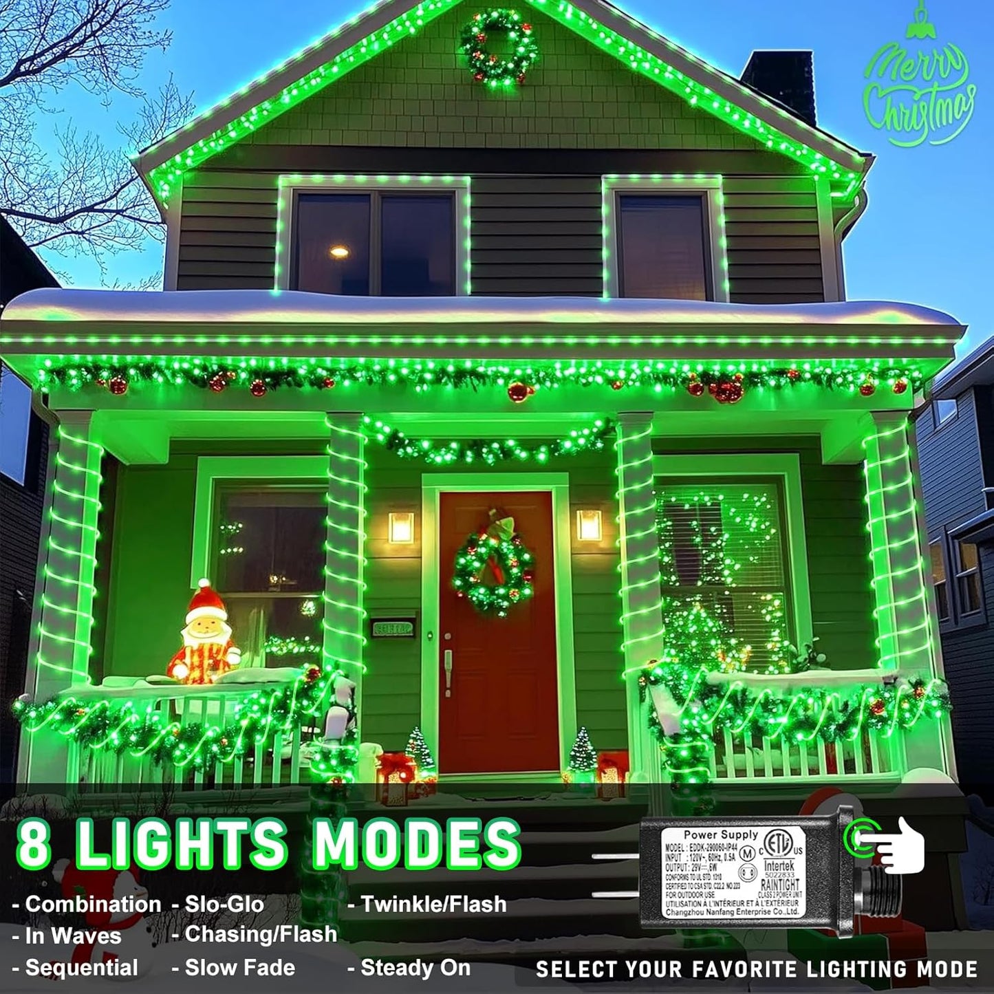 Rope Lights Outdoor, 66FT 200 LED String Lights for Outside Waterproof with 8 Modes, Plug in Connectable Rope Lights for Indoor, Fence, Patio, Garden, Trampoline, Deck, Pool Decorations - Green