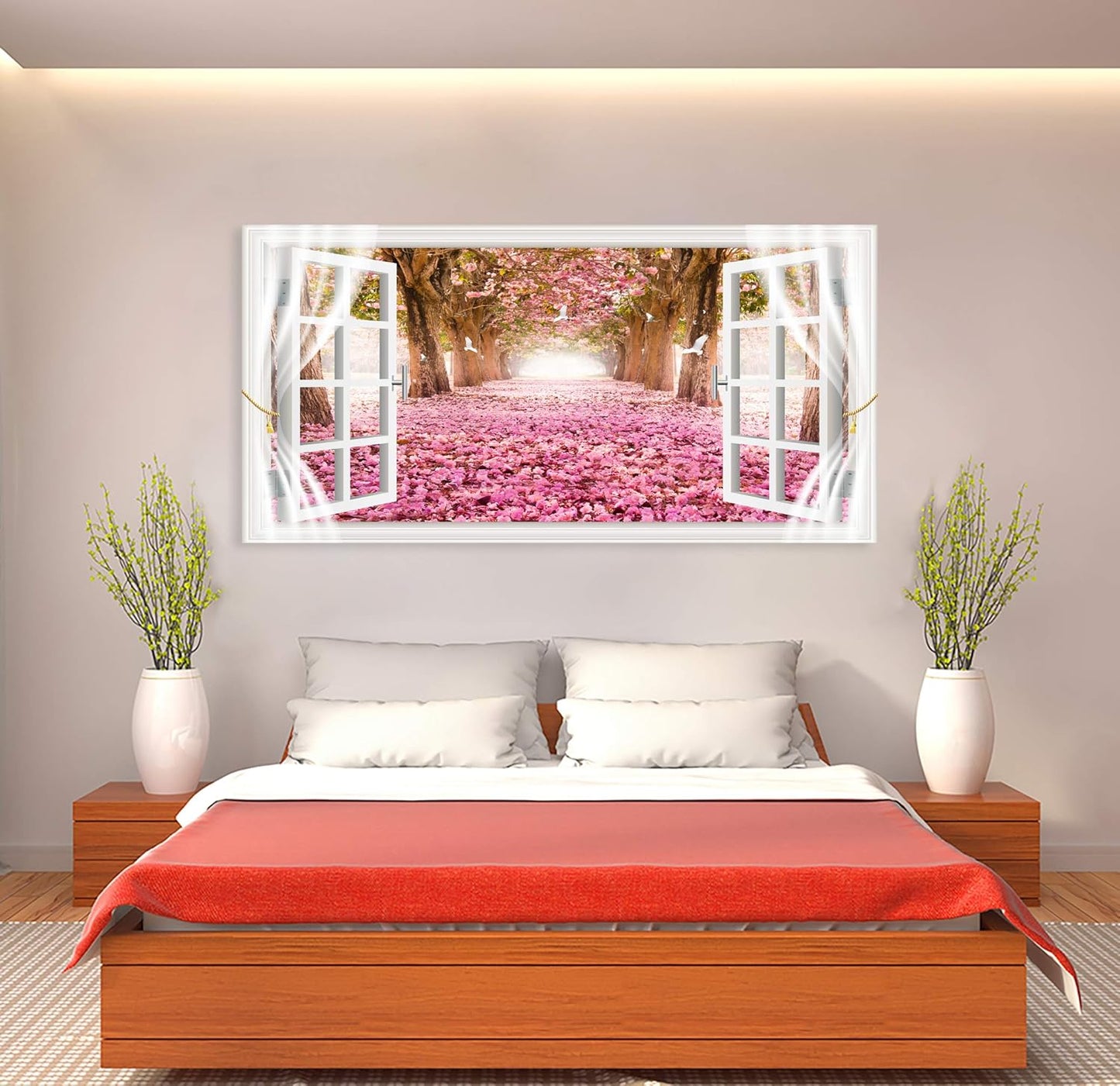 AH40162 Wall Art CanvasTrees and Pink Rose Paintings Printed Pictures Stretched and Framed Canvas Paintings Ready to Hang for Home Decorations Office Wall Decor Artwork