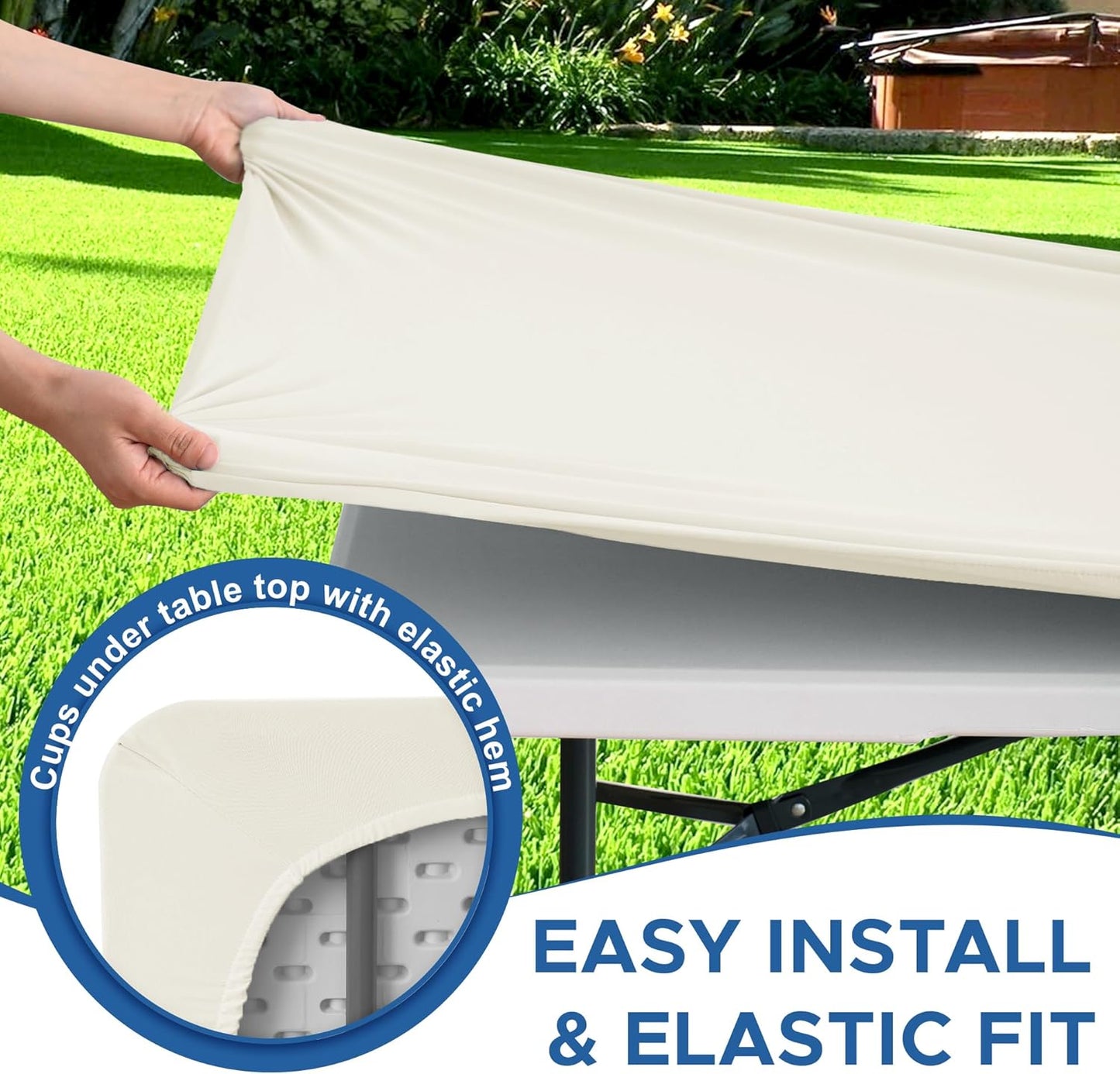 Fitted Tablecloth for 8 Foot Rectangle Tables-4 Pack Cream Elastic Outdoor Picnic Table Cover-Spandex Stretch Folding Table Cloths 8ft for Camping Dining Room Patio Kitchen Banquet Party