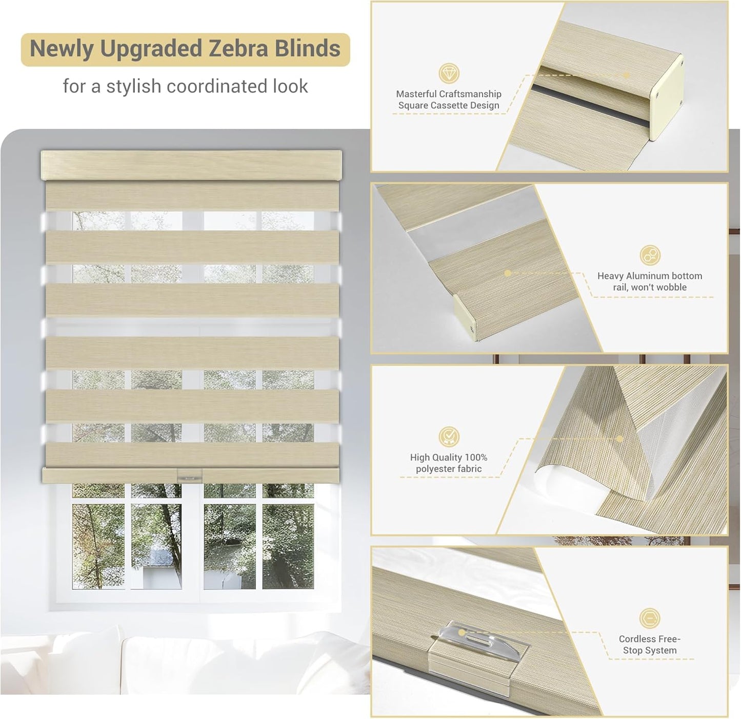 Cordless Zebra Blinds for Windows, Blackout Interior Blinds,Easy to Install,UV Protection,for Offices and Home,Custom Roller Shades, Mousse Beige,37" W x 80" H