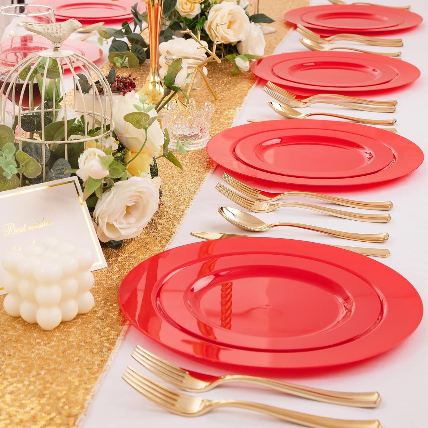 FLOWERCAT 60PCS Red Plastic Plates - Heavy Duty Red Plates Disposable for Party - Include 30PCS 10.25inch and 30PCS 7.5inch for 30 guests Party & Christmas & New Year