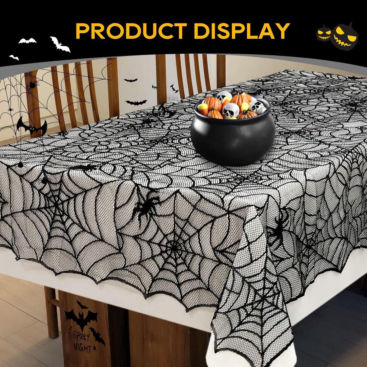 eZAKKA Halloween Table Cloth, 60"x104" Spider Webs Tablecloths Black Tablecloth Lace Fabric Table Cloths Spooky Table Cover for Rectangle Tables for Parties Gothic Halloween Home Decorations