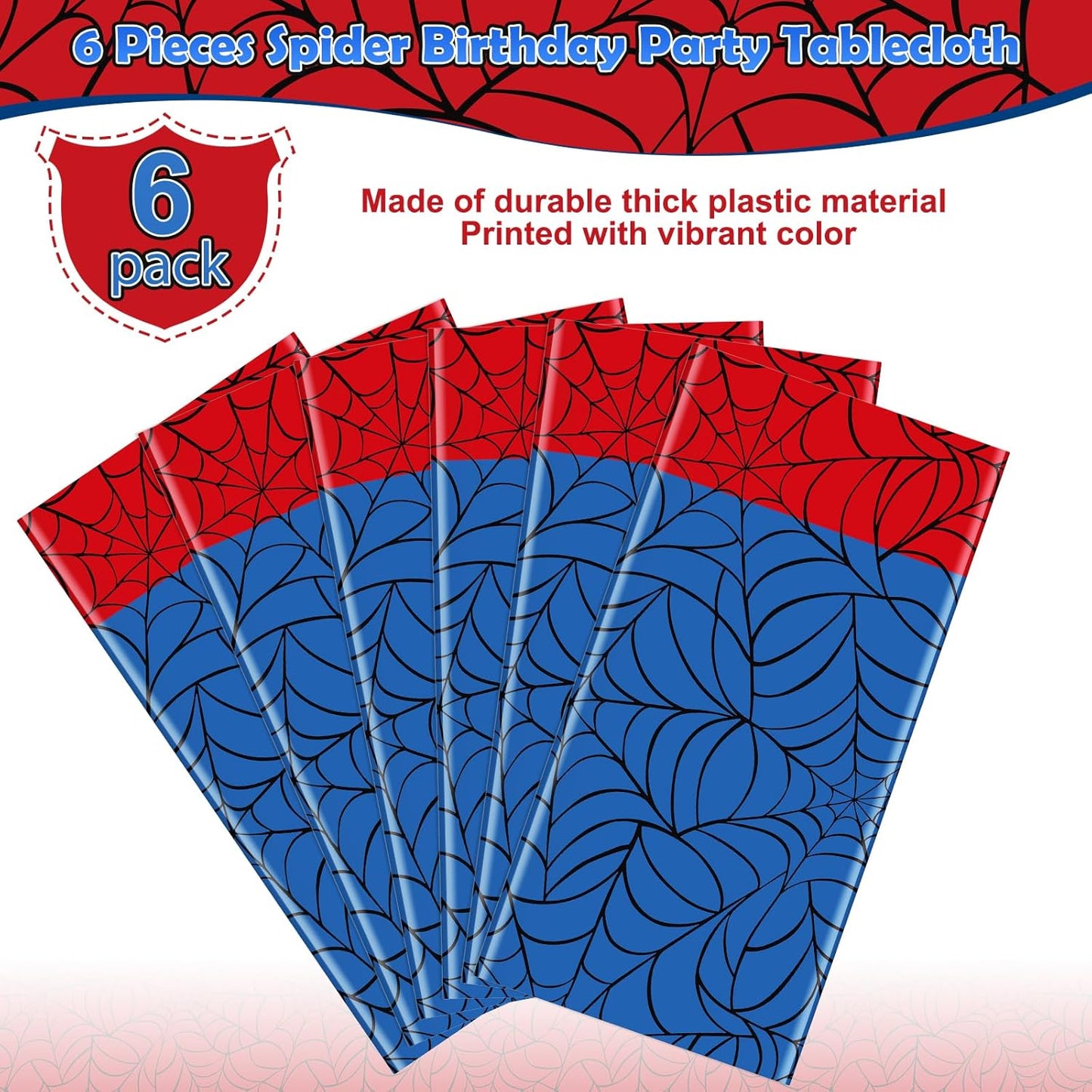 6Pcs Spider Web Themed Birthday Party Tablecloth Decorations,Blue Hero Plastic Table Cover with Red Runner Disposable Rectangle Table Cloth for Baby Shower Kids Boy Birthday Party Supplies,54x108 Inch