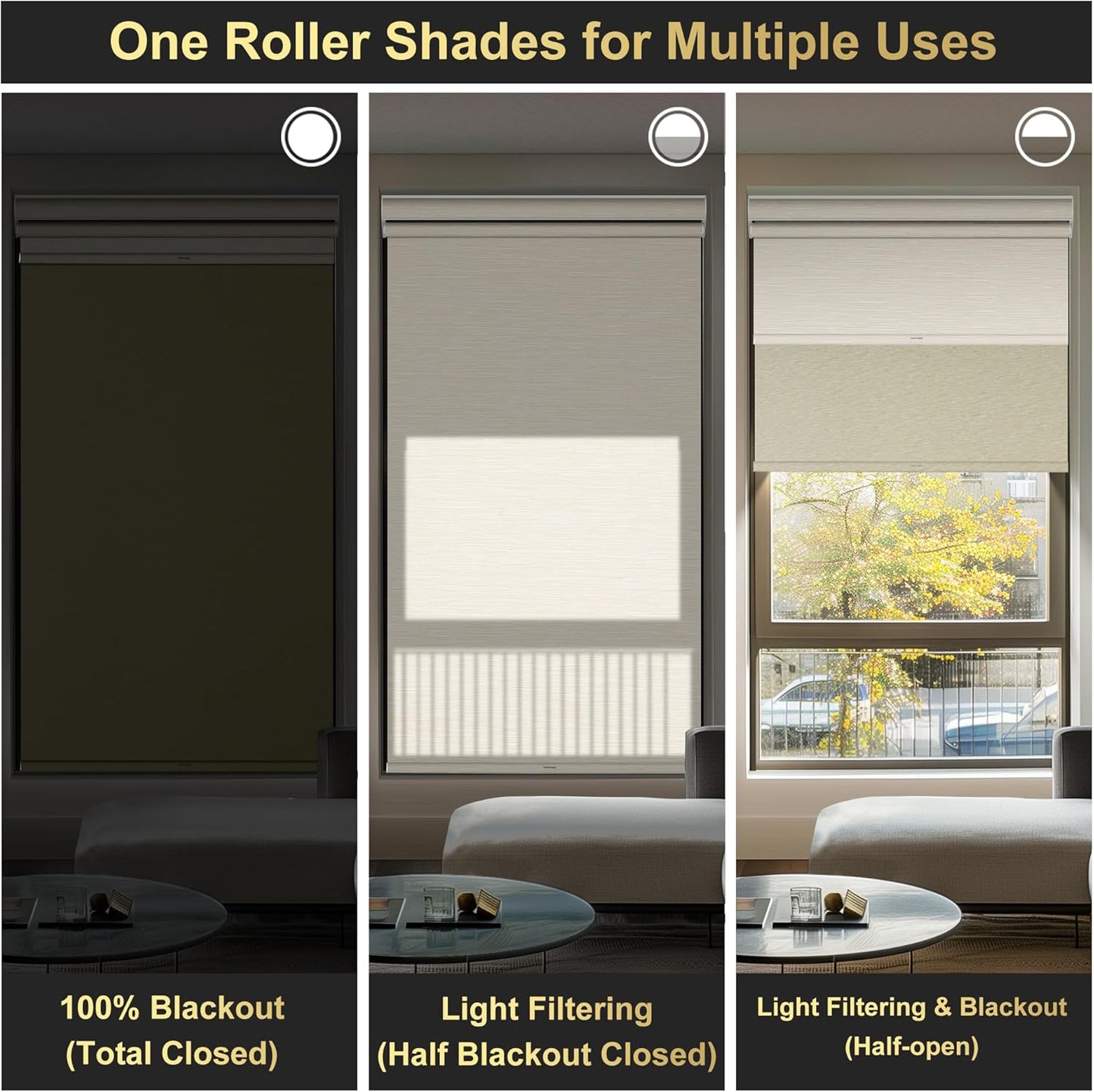 BERISSA Dual Roller Shades with Cassette Valance, Blackout and Light Filtering Shades, Day and Night for Home Office Door. Striped Jacquard Beige. 35 W x 48" H