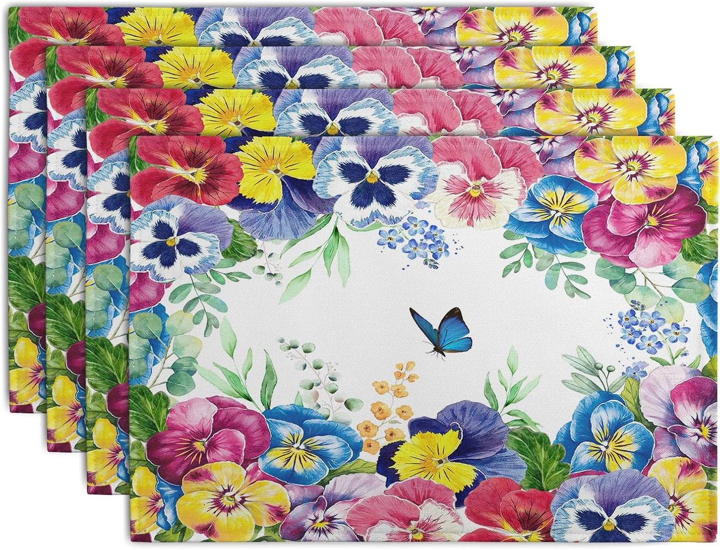 Watercolor Flowers Placemats Set of 4 Spring Summer Floral Butterfly Linen Fabric Table Mats Pansy Flower Eucalyptus Leaves Washable Place Mats for Farmhouse Dining Table Kitchen Decoration