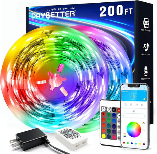 DAYBETTER LED Strip Lights 200 ft (2 Rolls of 100 ft), Smart App Control Lighting Bedroom Rome Decor with Remote, RGB Music Sync Color Changing LED Lights for Party