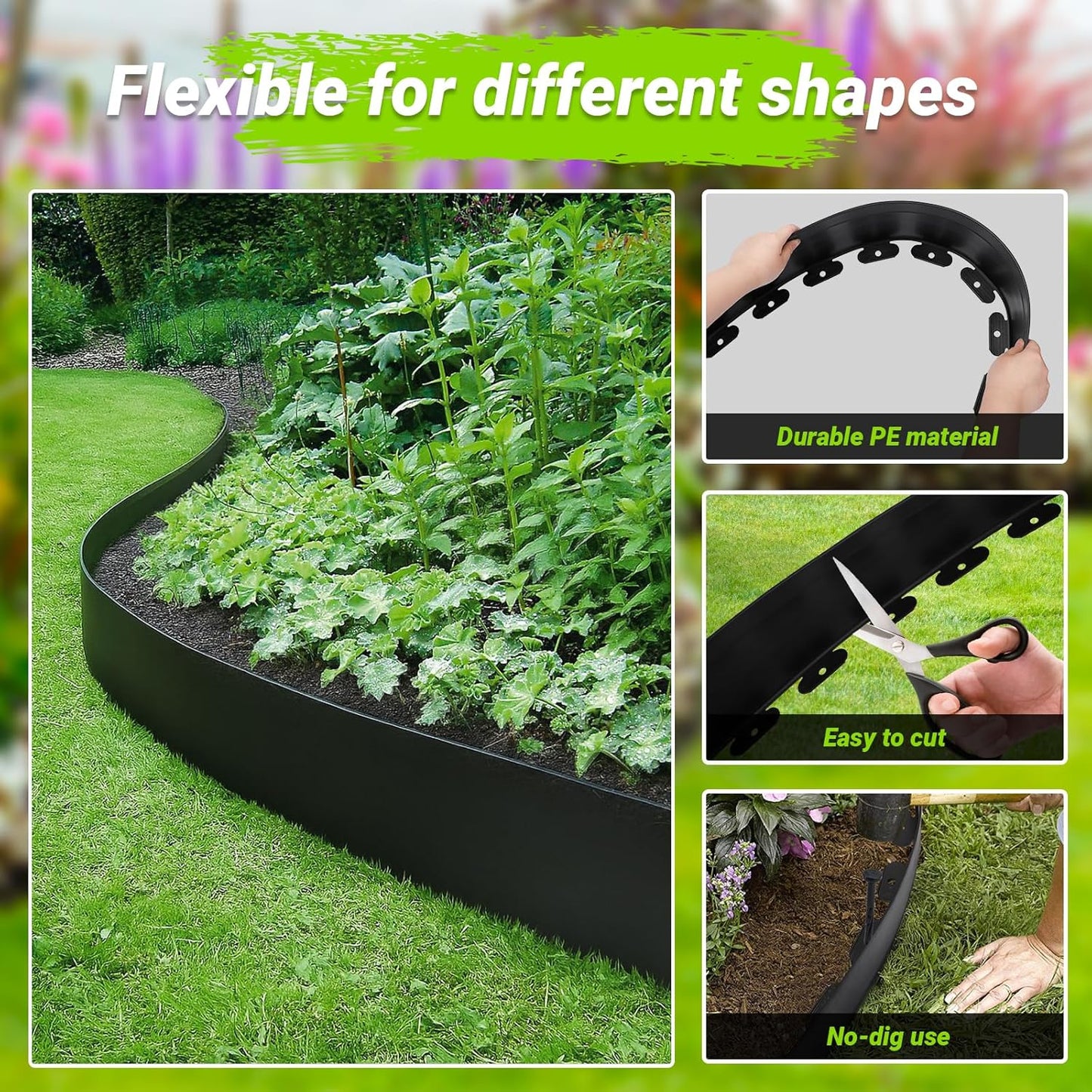 Greaner 6 Inch Tall Landscape Edging Border, 40FT Border Edge for Landscape with 71 PCS Spikes, Plastic Yard Edging for Flower Beds, Paver Pathway, Lawn, Walkway(Black)