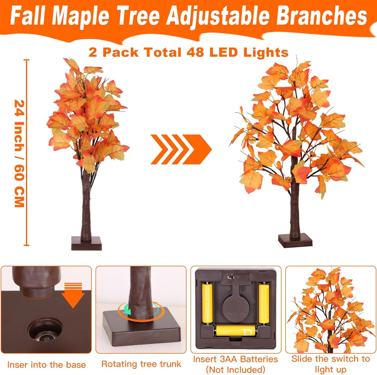 2 Pack 24 Inch Prelit Fall Maple Tree Fall Decor with 48 LED Timer Battery Operated Artificial Fall Light Up Tree Pumpkin Maple Acorn for Fall Thanksgiving Decorations Table Home Indoor Autumn Harvest