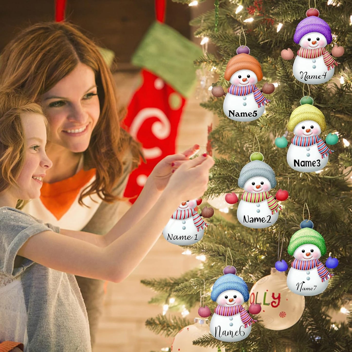 Personalized Christmas Ornaments with Names Snowman Custom Family Ornament Customized Xmas Tree Hanging Wood Decoration Gift 3.15"（8cm） Rose