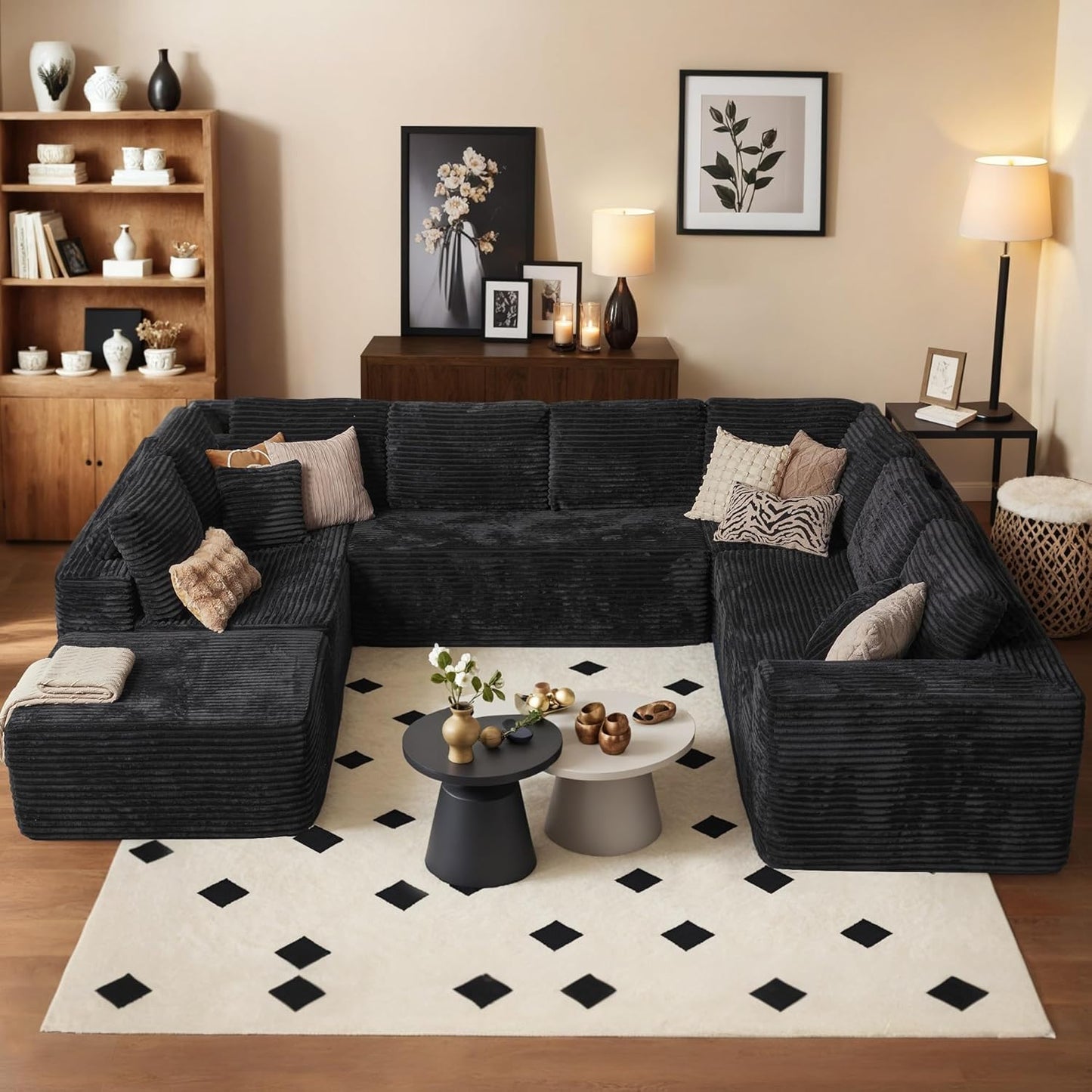 HOOOWOOO Cloud Sectional Couches for Living Room,Modular Sectional Sofa No Assembly,136X108 Inch Plush Corduroy Large U Shaped Floor Couch Set with Deep Seat Ottoman(Black)