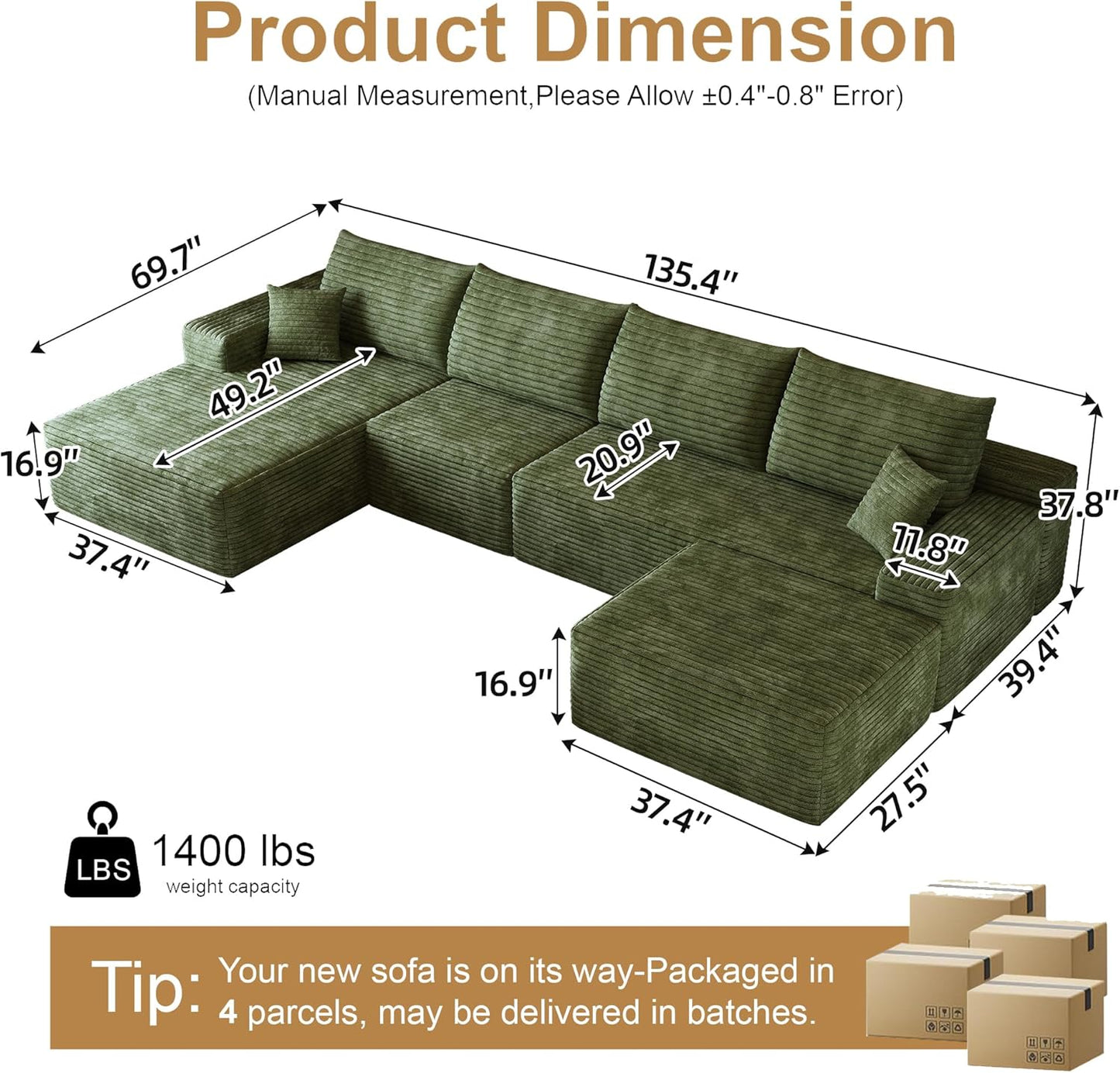 108" Sectional Couches for Living Room Modern Modular Sofa with L-Shape Couchs Upholstered Boneless Couch Deep Seat Sectional Couch with Chaise (Green, Left Facing Chaise+3Seaters+Ottoman)
