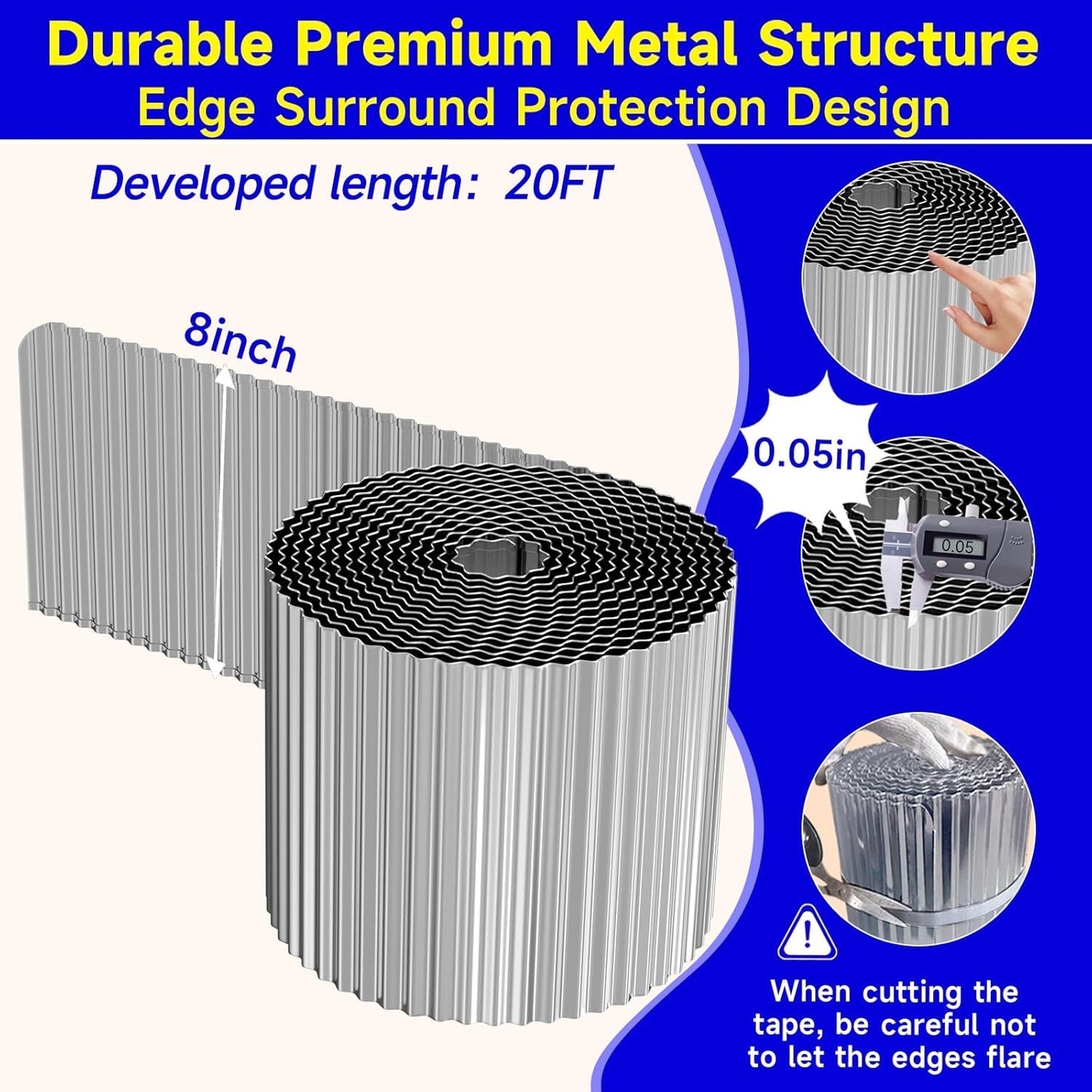 Corrugated Garden Edging,8"×20Ft Galvanized Steel Landscape Edging & Lawn Edging Border,Metal Garden Border for Flower Beds,Garden,Lawn,Raised Beds & Tree Surrounds(Silver)
