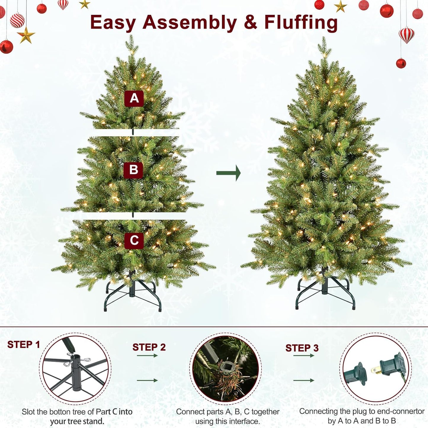 4FT Pre-Lit Artificial Christmas Tree with 628 PE&PVC Mixed Branch Tips, 200 Warm White Lights, Hinged Premium Spruce Fake Xmas Trees, Green, Foldable Base