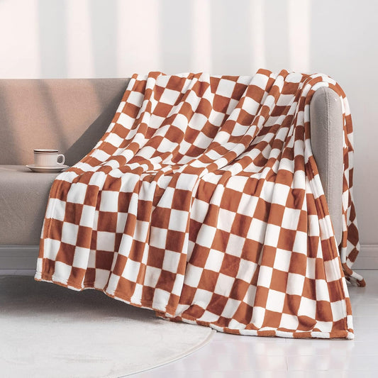 LOMAO Throw Blankets Flannel Blanket with Checkerboard Grid Pattern Soft Throw Blanket for Couch, Bed, Sofa Luxurious Warm and Cozy for All Seasons (Maple Brown, 90"x90")