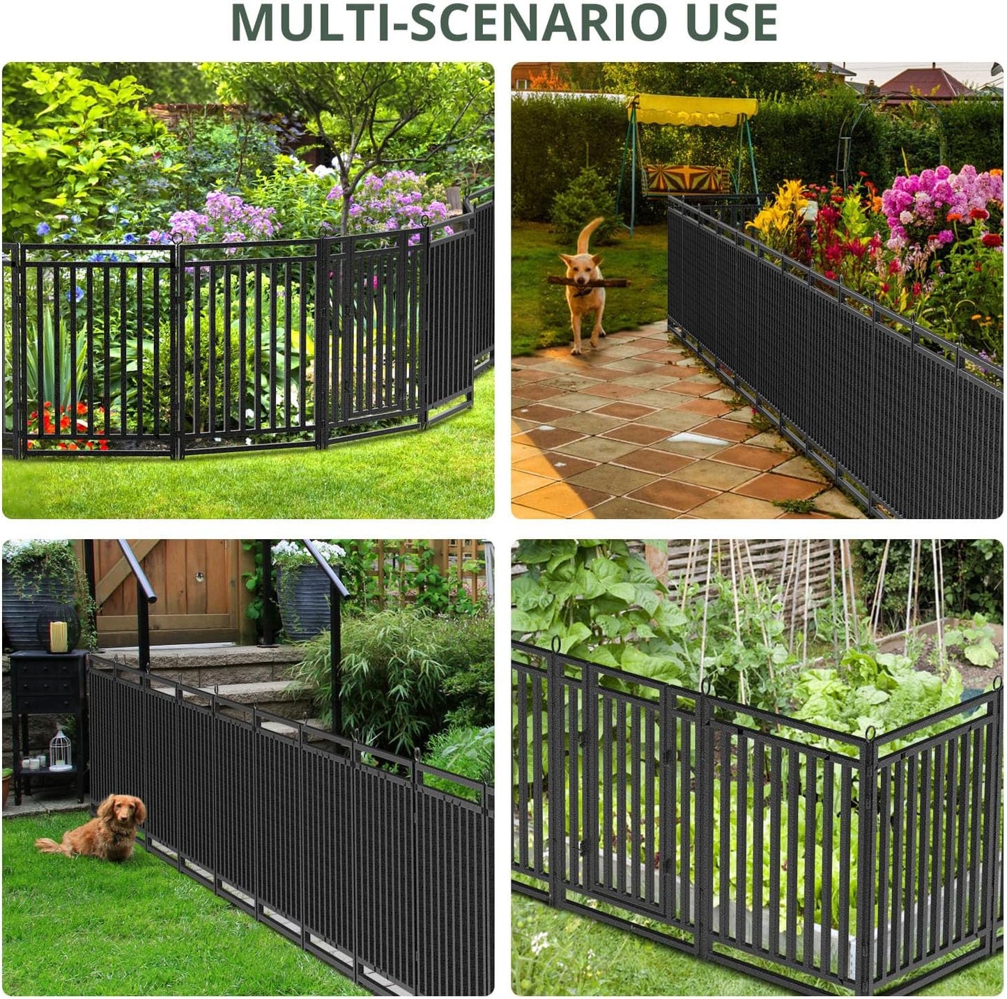 Decorative Garden Fence Metal Dog Fence Outdoor for Yard, 92ft (L) × 40in (H), 35 Panels + 5 Gates, Rustproof Animal Barrier Fencing for Patio & Flower Bed, No Dig, Black-Silver