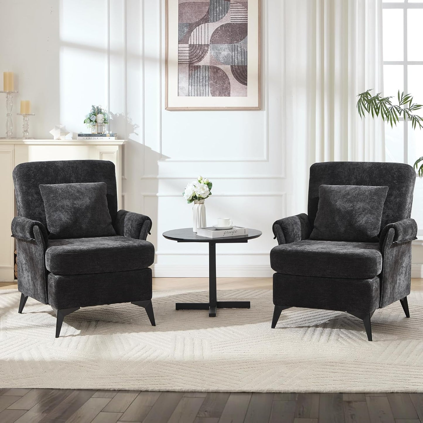 KCC Mid-Century Accent Chairs,Chenille Modern Upholstered Single Sofa,Cozy Armchair with Back for Bedroom/Office/Cafe,Black
