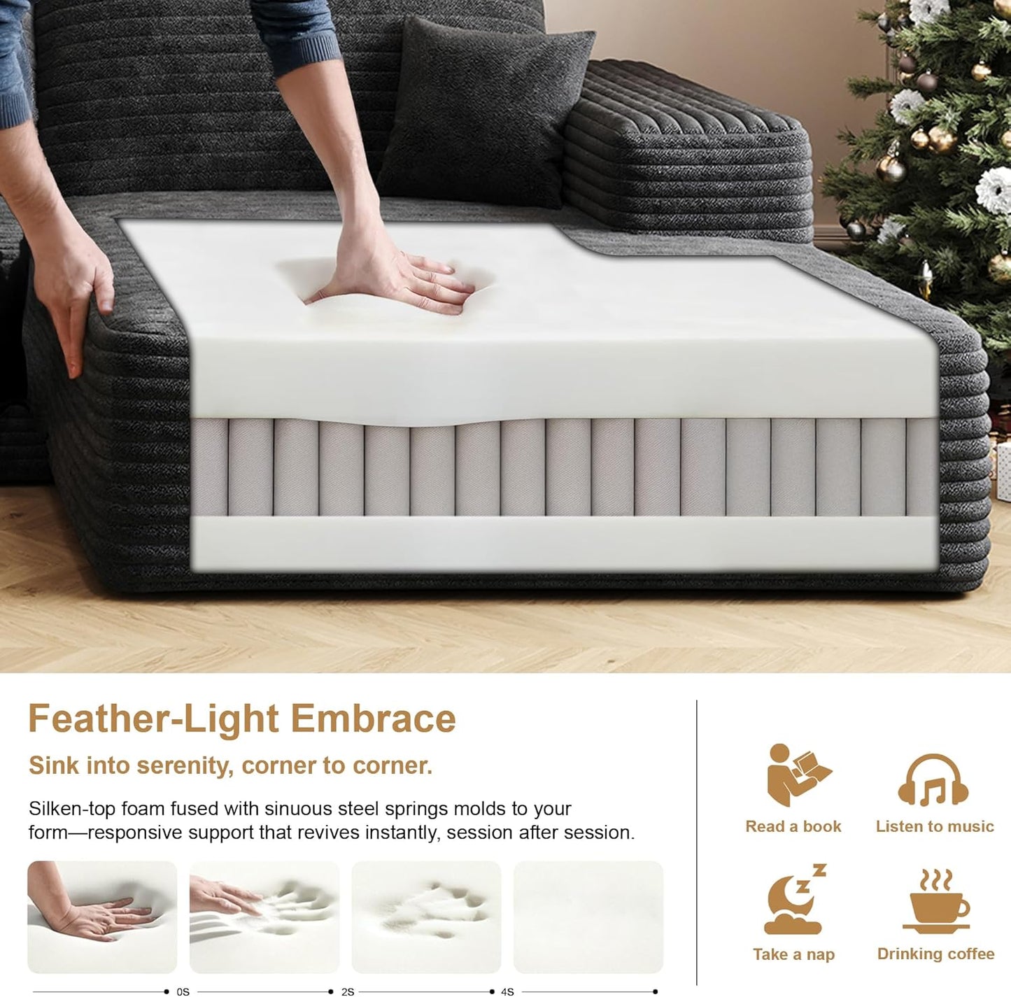 136" Sectional Couches for Living Room Modern Modular Sofa with L-Shape Couchs Upholstered Boneless Couch Deep Seat Sectional Couch with Chaise (Black, Right Facing Chaise+3Seaters)