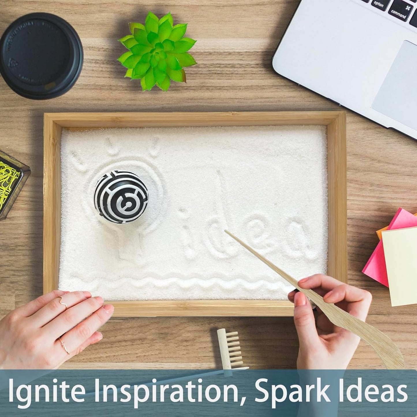 Threeheng Mini Japanese Zen Sand Garden Kit for Desk, Muti-Functional Sand Tray Therapy Kit with Bamboo Tray - Includes Ball Insense Holder Crystals and More for Meditation, Gifts (Bamboo)