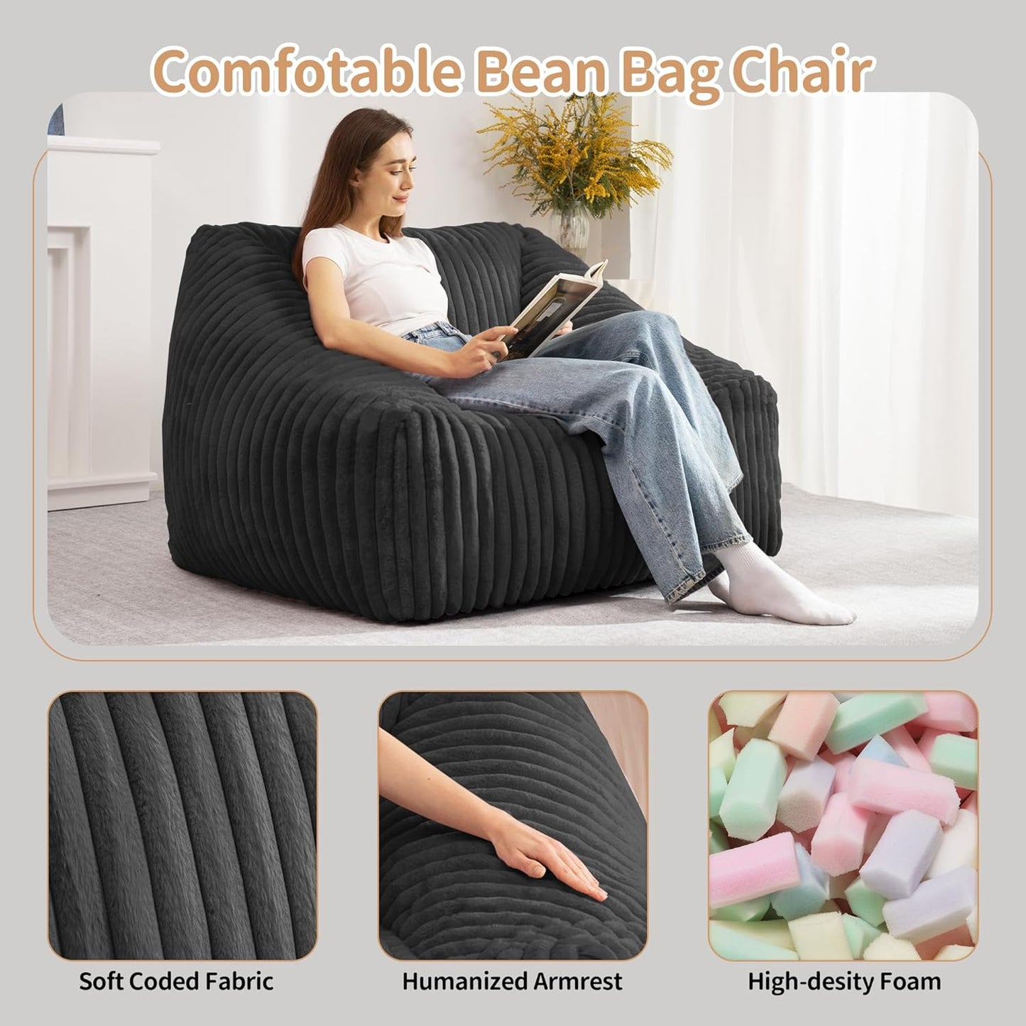 HABUTWAY Bean Bag Chair, Giant Bean Bag Chairs for Adults and Kids, Bean Bag Sofa, Lazy Floor Sofa, Faux Fur Beanbag Chair with Armrests for Living Room Bedroom (Black)