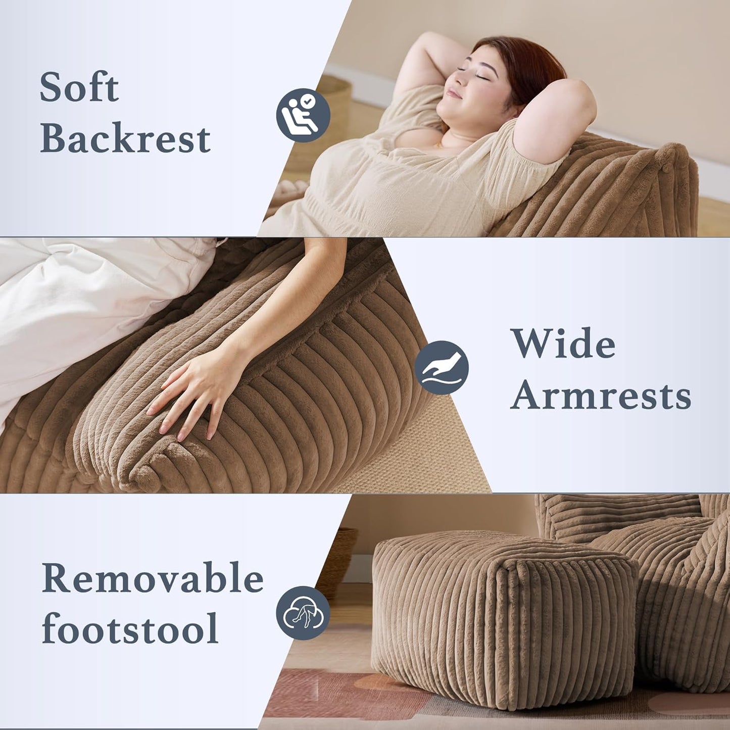 Oversized Bean Bag Chaise Lounge Chair Indoor for Adults with Armrests & Ottoman - Giant Comfy Khaki Beanbag Floor Sofa Cloud Accent Chair for Reading, Gaming, Cozy Plush Cloud Mini Couch