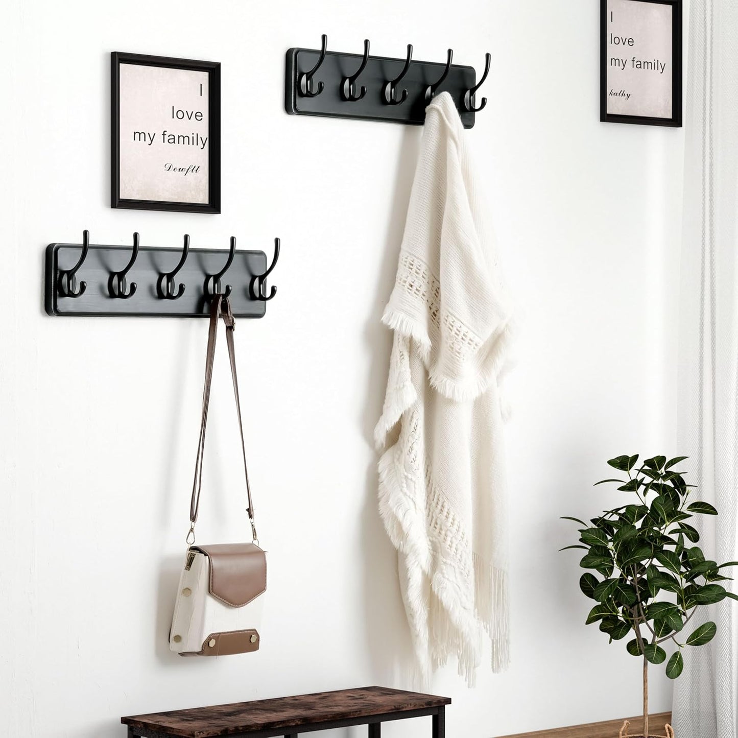 Dseap Coat Rack Wall Mount: Modern, Patented, Heavy-Duty, 17.4" Long 5-Double-Hooks Wooden Hanger Hook Rail for Winter Coats Hat Jacket Clothing, Black