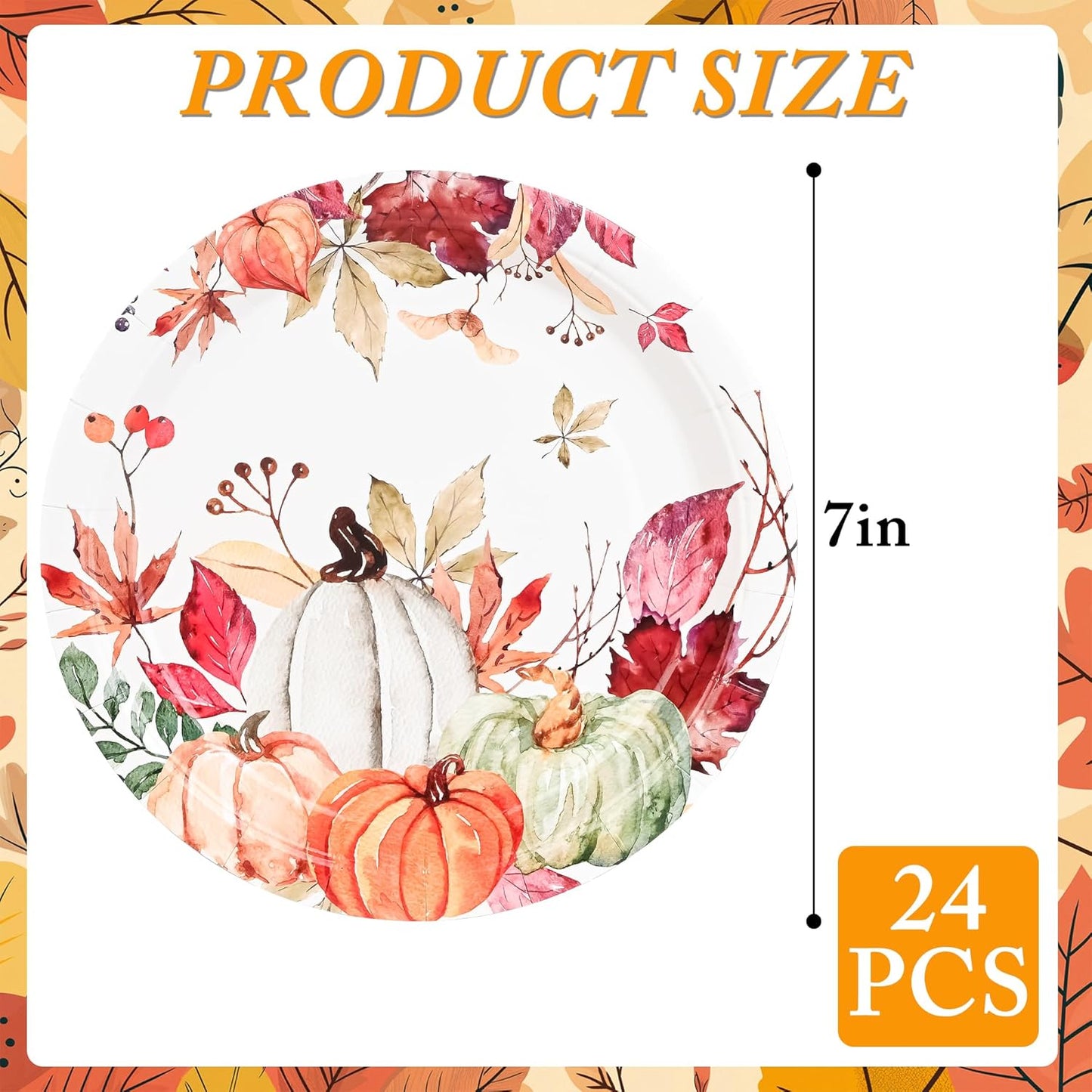 AllReal Fall Pumpkins Paper Plates Rustic Pumpkin Leaves Disposable Party Plate 7" Thanksgiving Autumn Dessert Plate for Birthday Baby Shower Party Supplies Table Decor (24)
