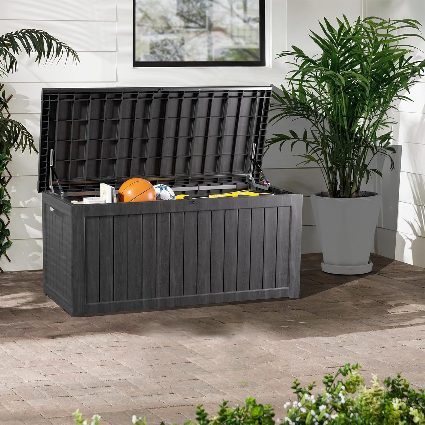 200 Gallon Lockable Resin Deck Box, Waterproof & UV-Resistant Outdoor Storage Box for Outdoor Cushion Storage, Garden Tools & Pool Accessories Storage, Black