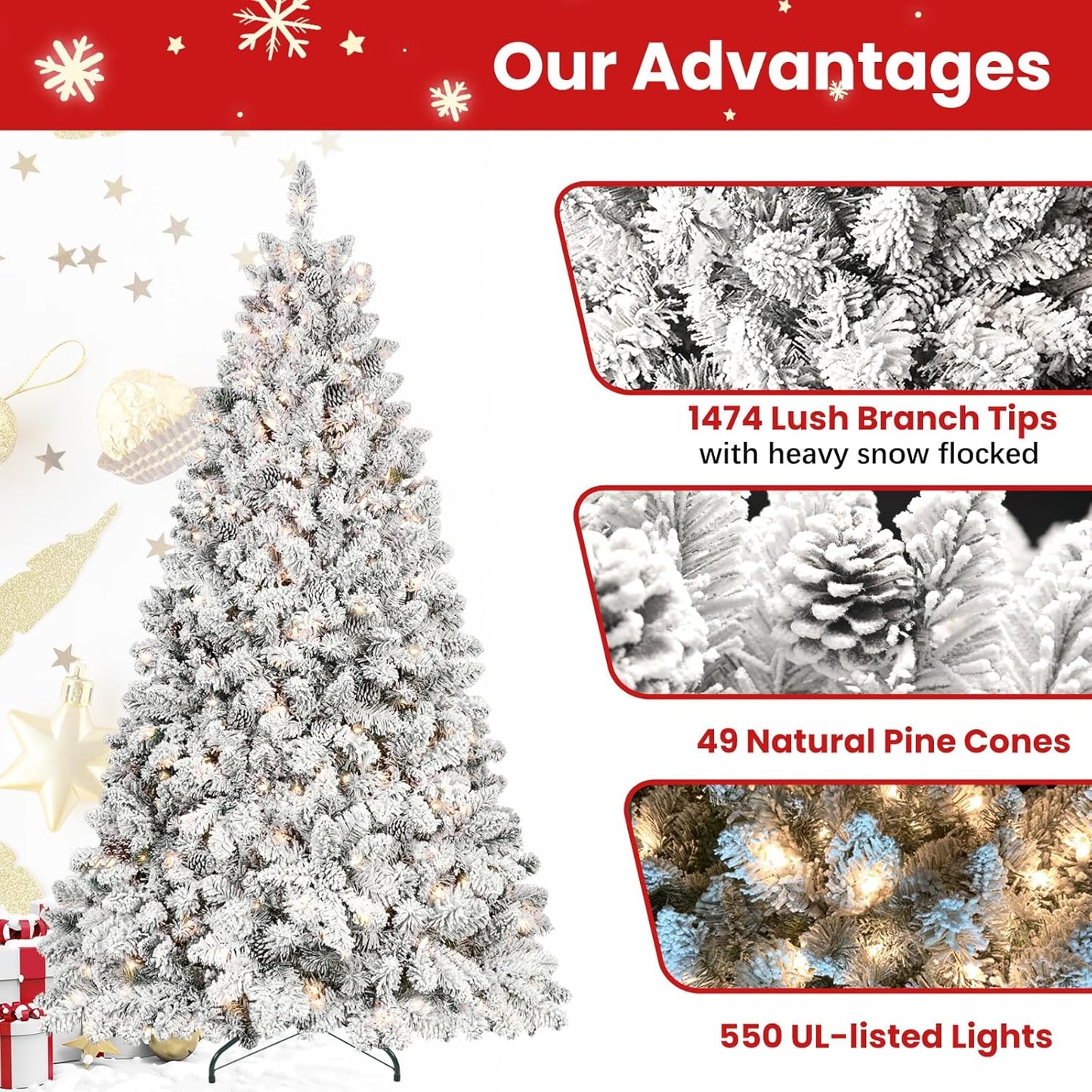 7.5 ft Prelit Flocked Christmas Tree, Lighted Full Christmas Tree with Pine Cones & 550 UL Lights, Snow Frosted Artificial Christmas Tree with Lights, Auto Hinged Xmas Tree for Holiday Décor