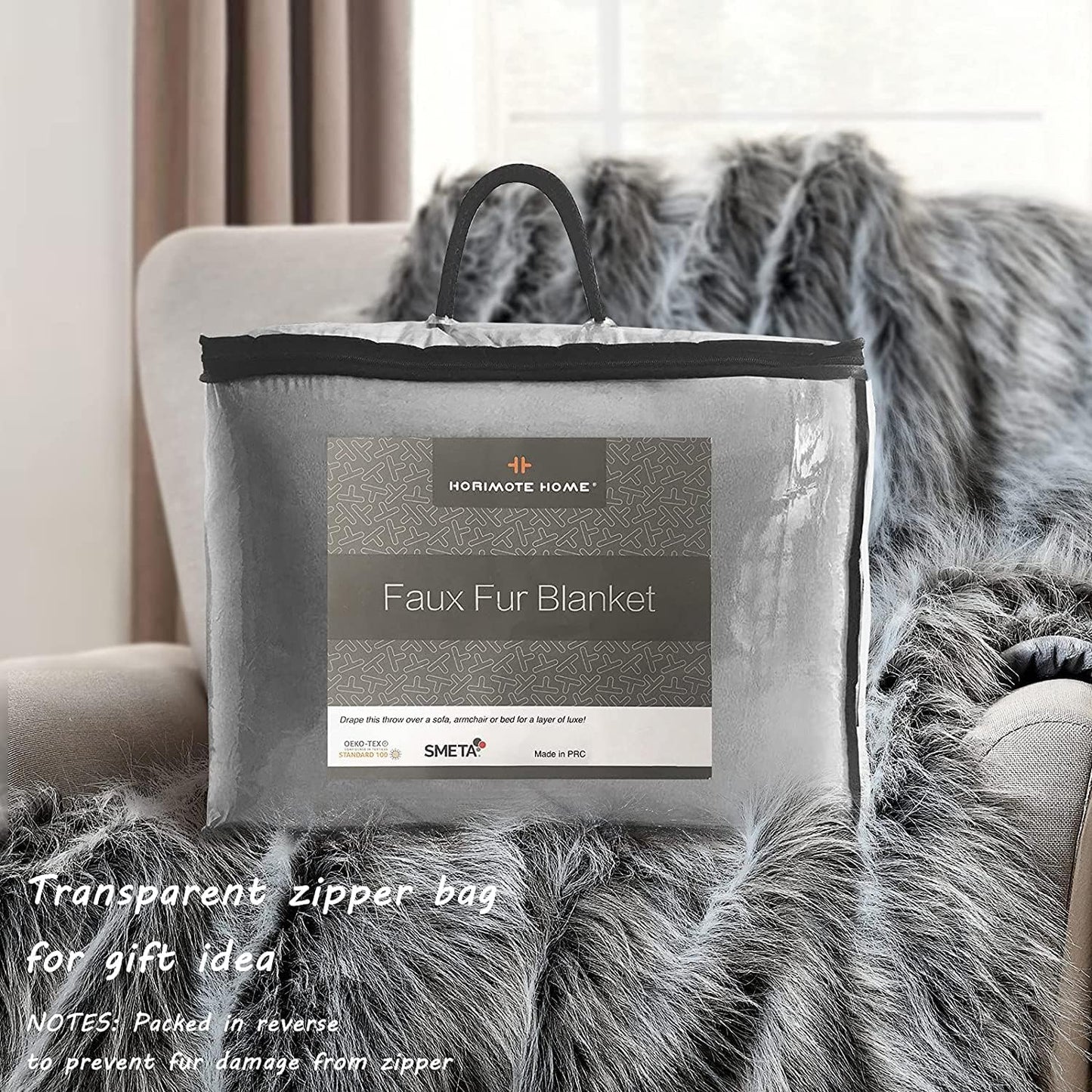 Luxury Faux Fur Blanket Queen Size, Ultra Big Grey and Black High Pile Mixed Faux Fur Throw, Oversized Super Warm, Fuzzy, Elegant, Fluffy Decoration Throw Blanket for Sofa, Couch and Bed, 90''x 90"