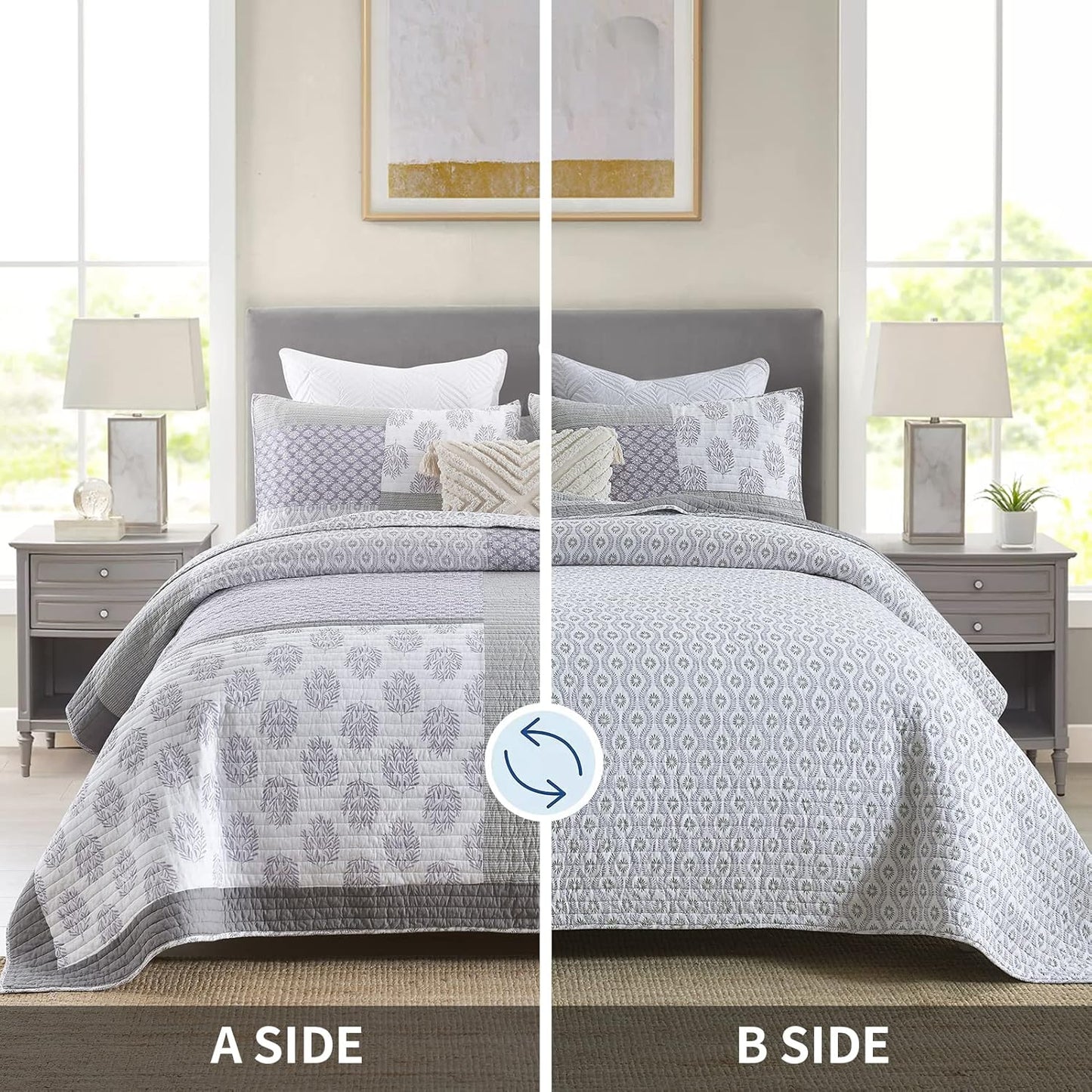 PANGUSHAN Quilt Set Queen Size, 100% Cotton Bedspread Quilt Bedding Set, Patchwork Reversible Floral Quilt for Queen Bed, Purple/Grey/White Bed Spread, Lightweight Comforter for All Season, 3 Pieces