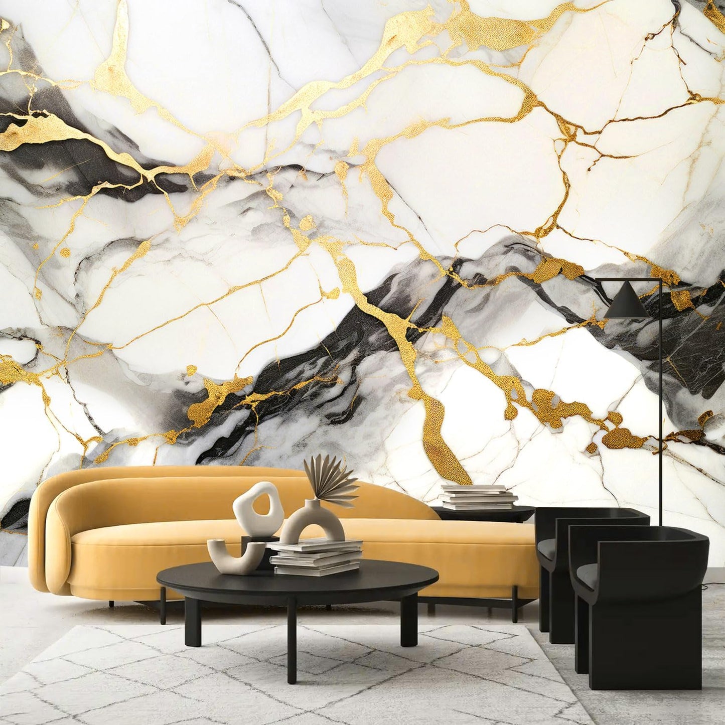 AFZEVEB-Black and Gold Marble Wallpaper Wall murals for Bedroom 182"x120" (Not Peel and Stick)