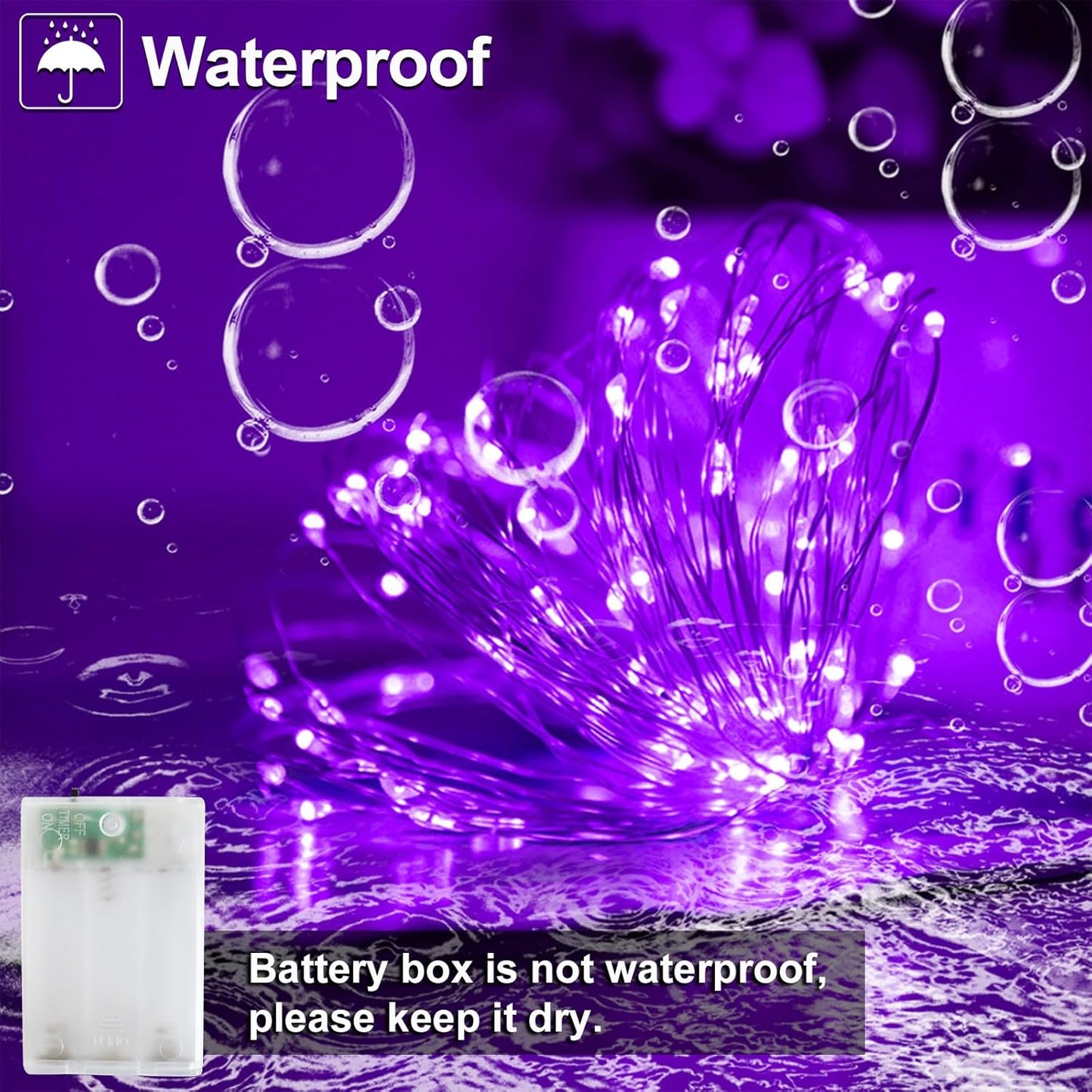 Halloween Christmas Decorations Purple Fairy String Lights Indoor, Battery Operated with Timer, 2Pack Total 33FT 100 Led Mini Battery Powered Twinkle Mason Jar Waterproof Firefly Lights DIY Party