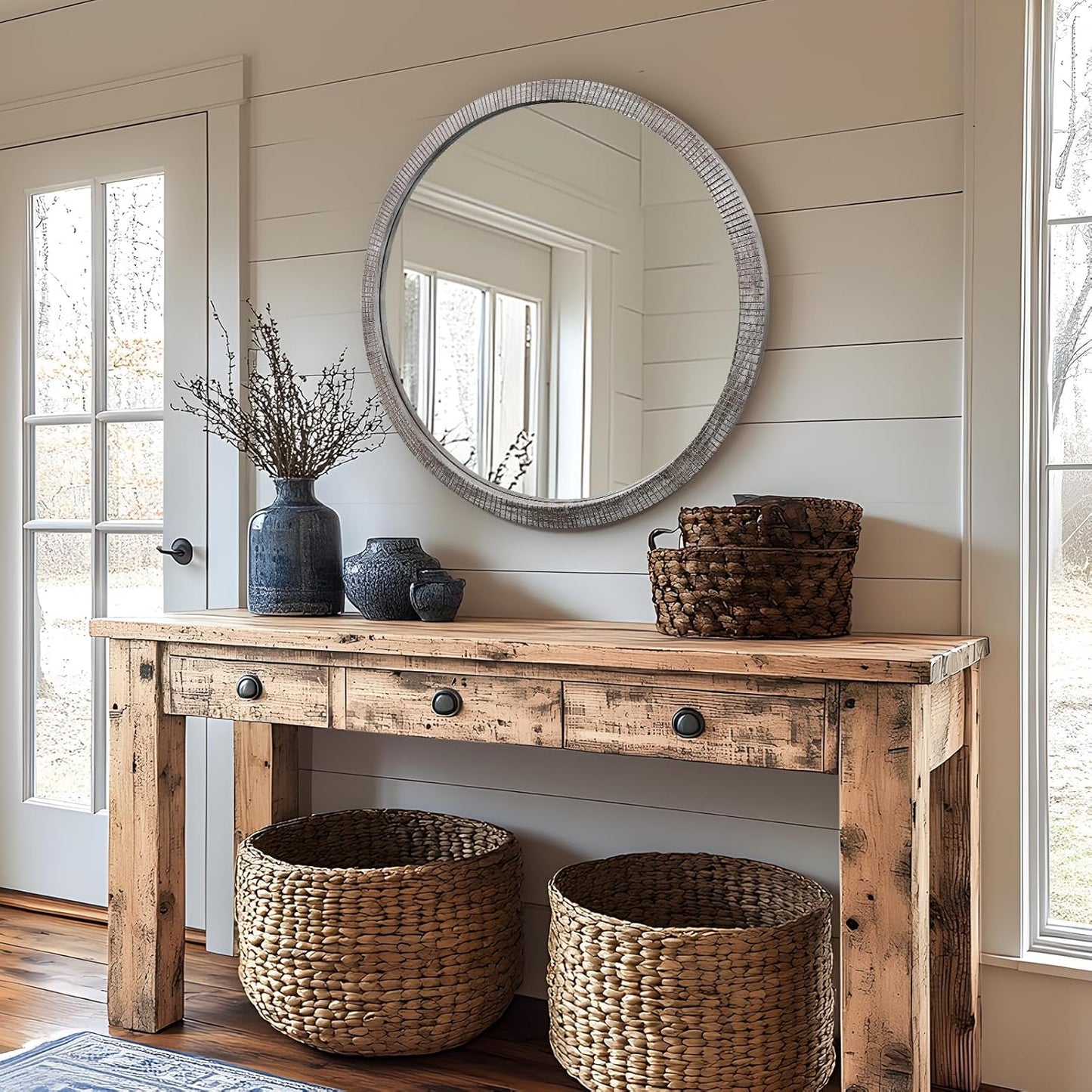 35" Round Wood Mirror, Large Wooden Round Mirror, Wood Round Mirrors for Wall Decor, Rustic Circle Wall Mirrors for Entryway, Living Room, White Washed Frame