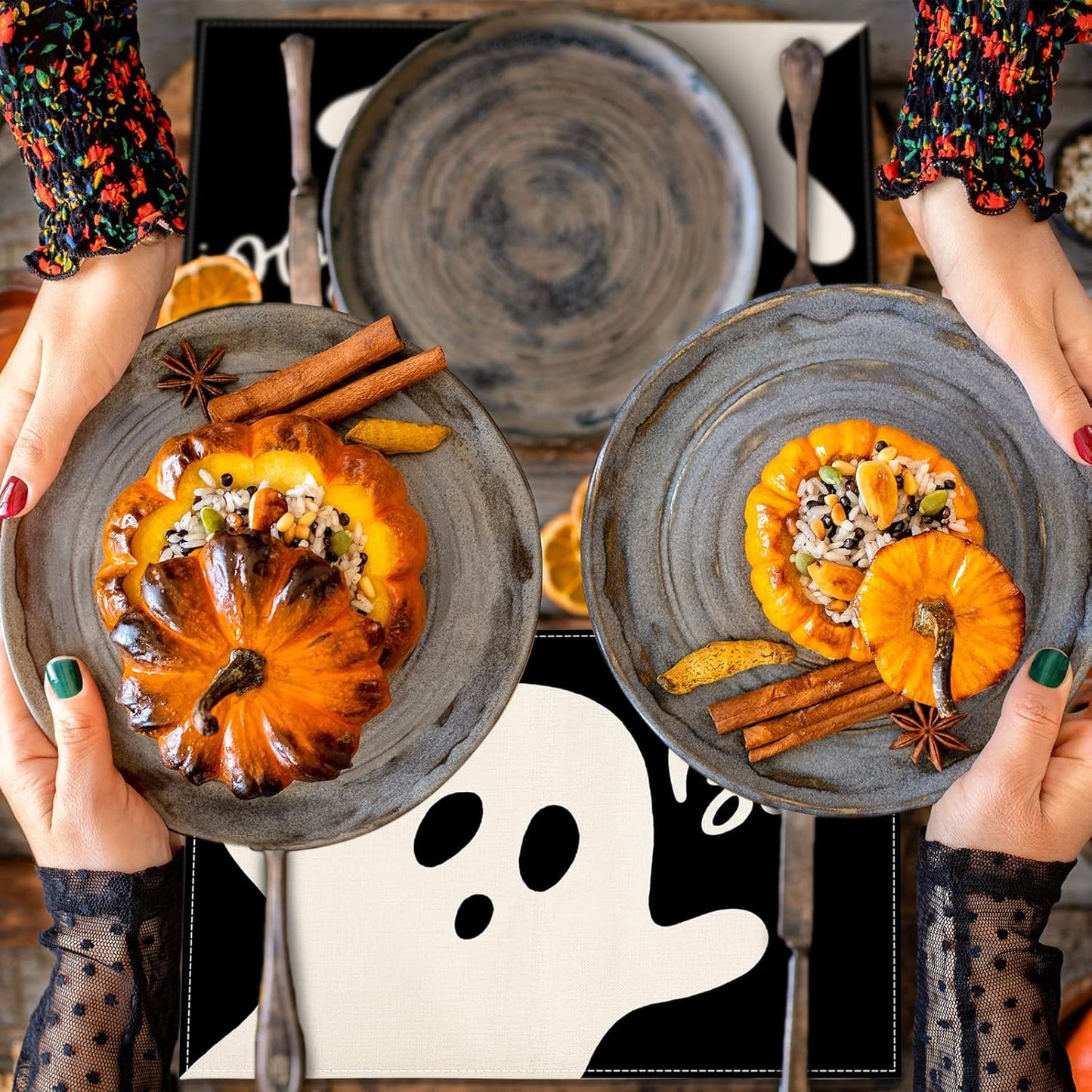 Halloween Ghost Placemats Black Cute Ghost Boo Table Mats 12 x 18 Inch Trick or Treat Kitchen Place Mats for Party Home Dining Table Decoration, Set of 4