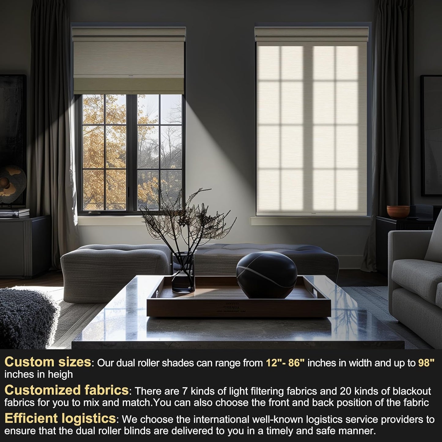 BERISSA Dual Roller Shades with Cassette Valance, Double Blackout and Light Filtering Shades, Day and Night for Home Office Door. Striped Jacquard Beige. 56 W x 36" H