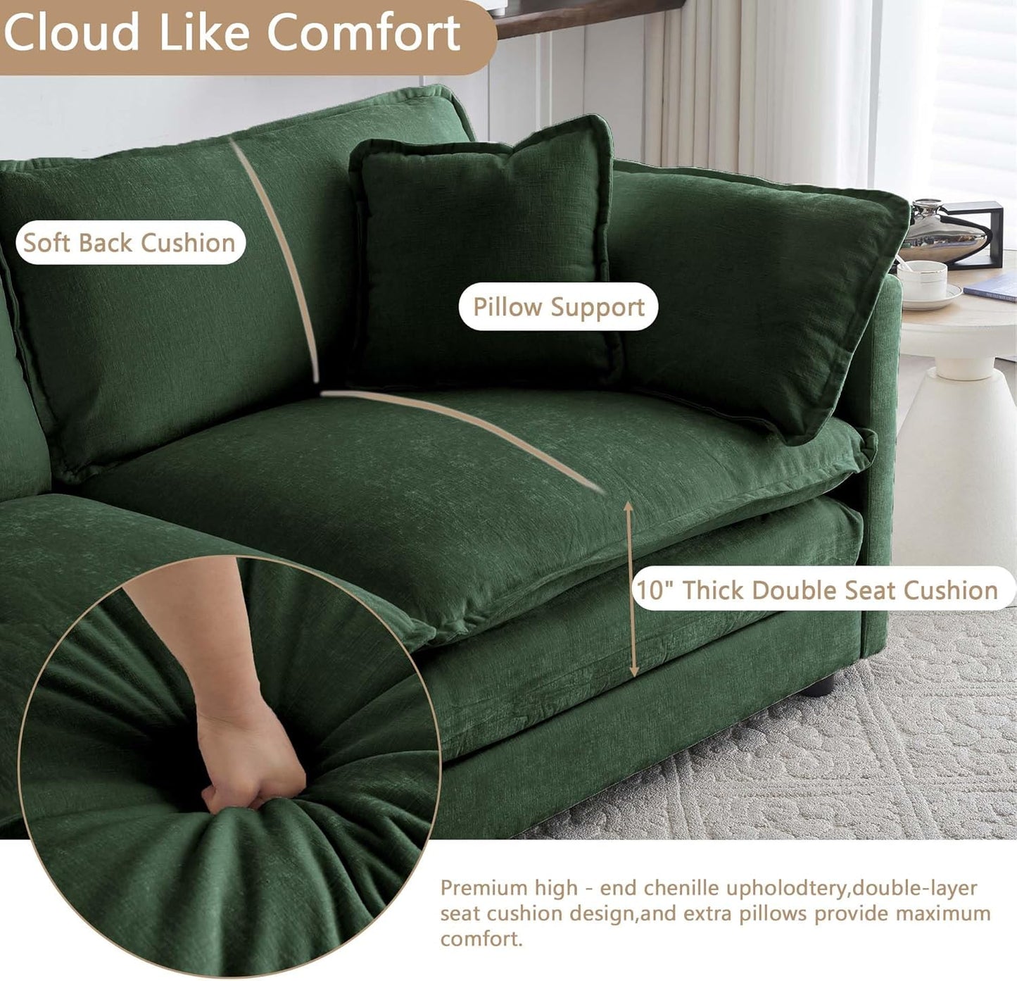 Sectional Sofa 2 Seater with Movable 1 Ottoman,Oversized Modular Couch Deep Seat (Green, 76.7 inch-L)
