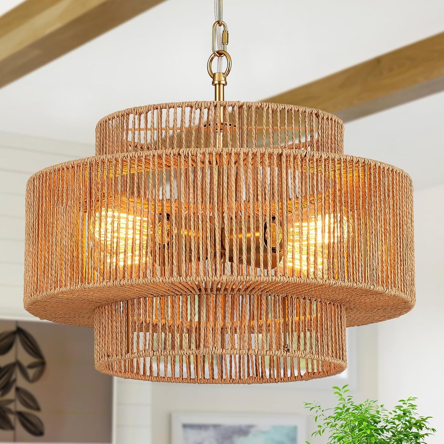17.7" Boho Rattan Chandelier Light Fixture 4-Light Hand-Woven Bamboo Vintage Farmhouse Chandelier Drum Wicker Golden Chandeliers for Dining Room, Kitchen Island, Bedroom, Foyer
